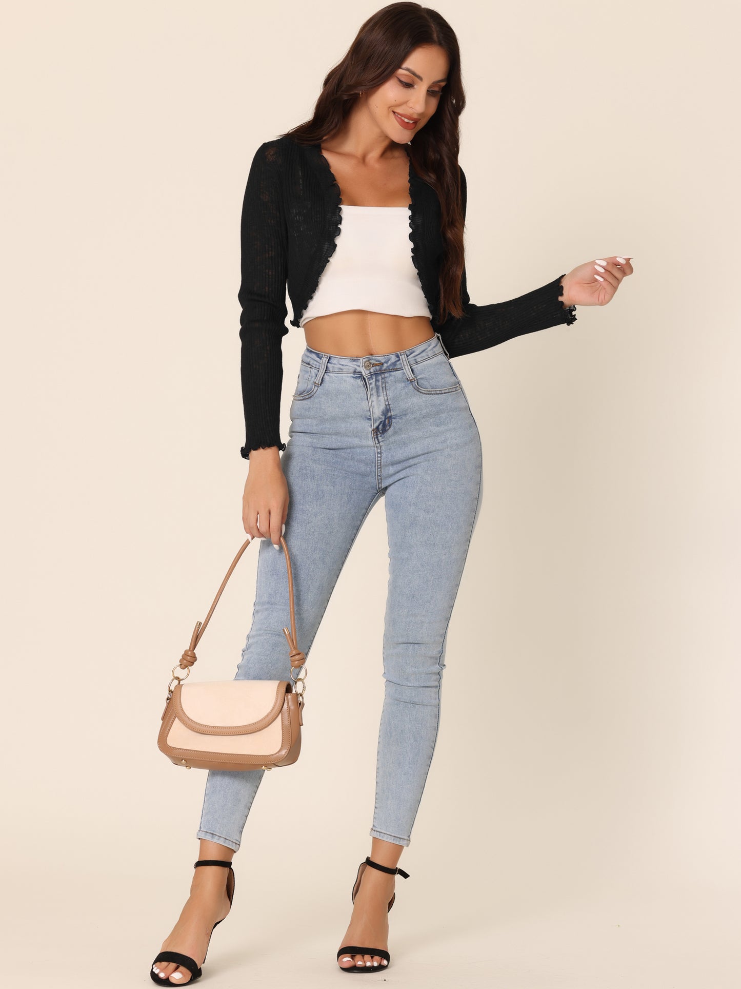 Women's Ribbed Knit Bolero Long Sleeve Ruffle Trim Open Front Crop Shrug