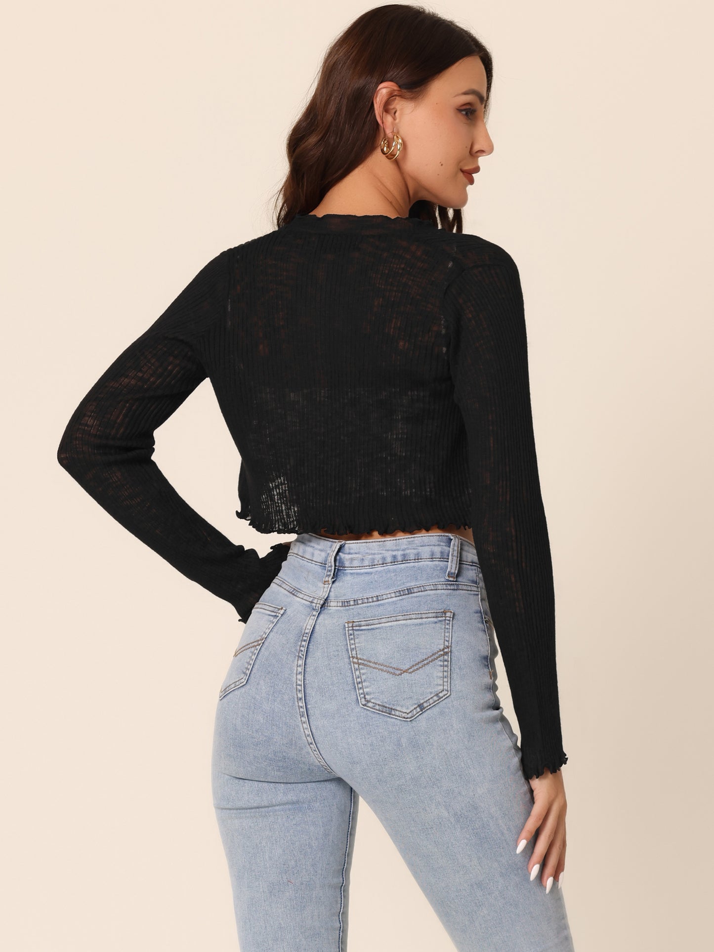 Women's Ribbed Knit Bolero Long Sleeve Ruffle Trim Open Front Crop Shrug
