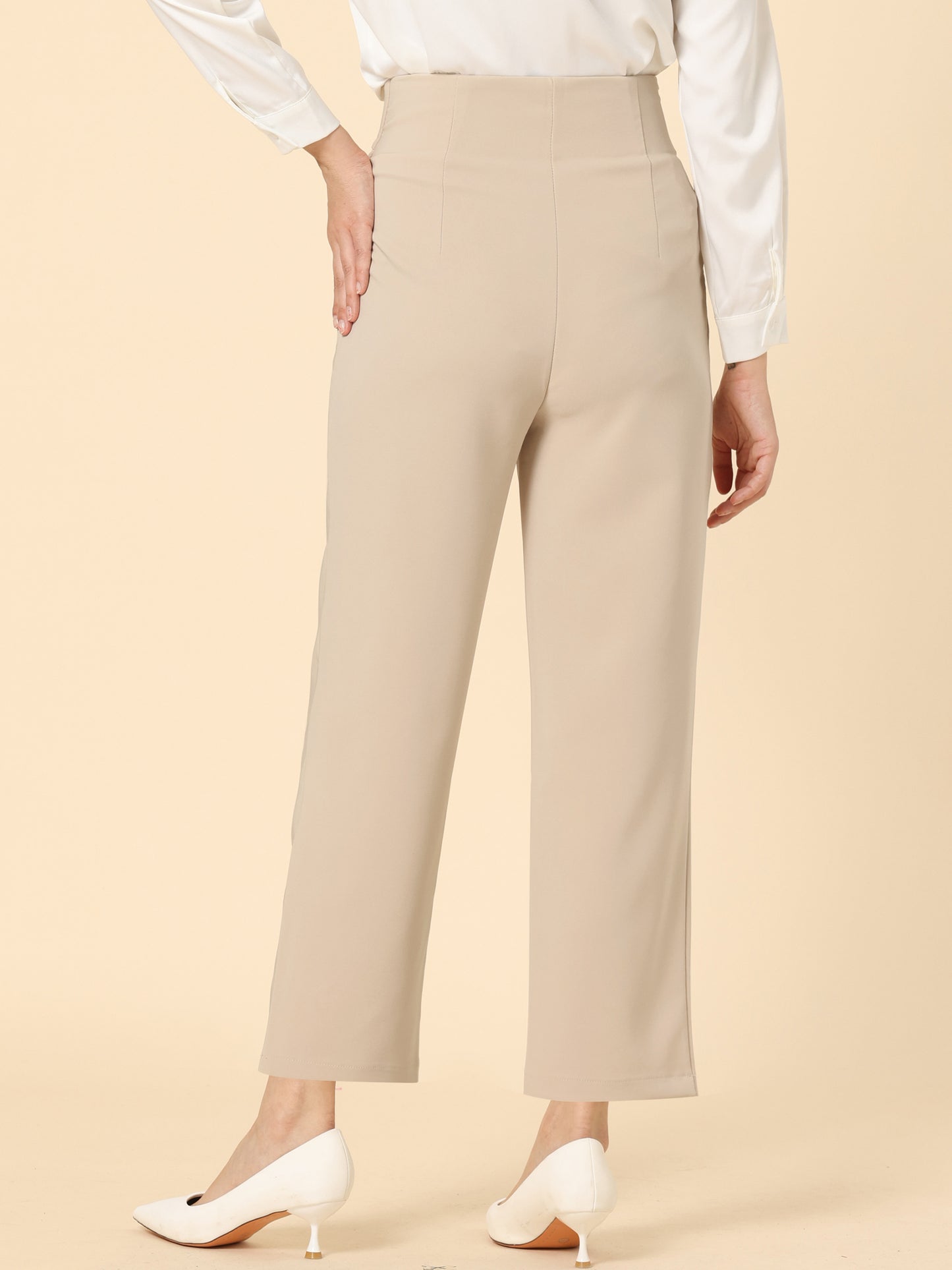 Women's Elegant Business Pants Elastic Waist Button Decor Straight Leg Work Trousers