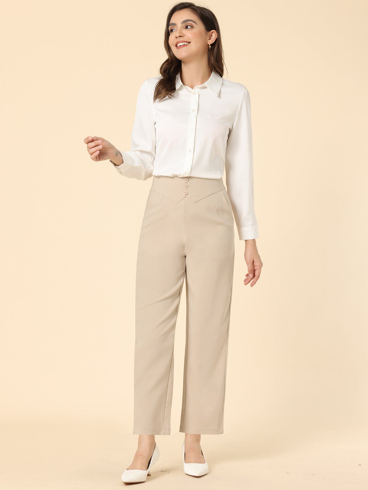 Women's Elegant Business Pants Elastic Waist Button Decor Straight Leg Work Trousers