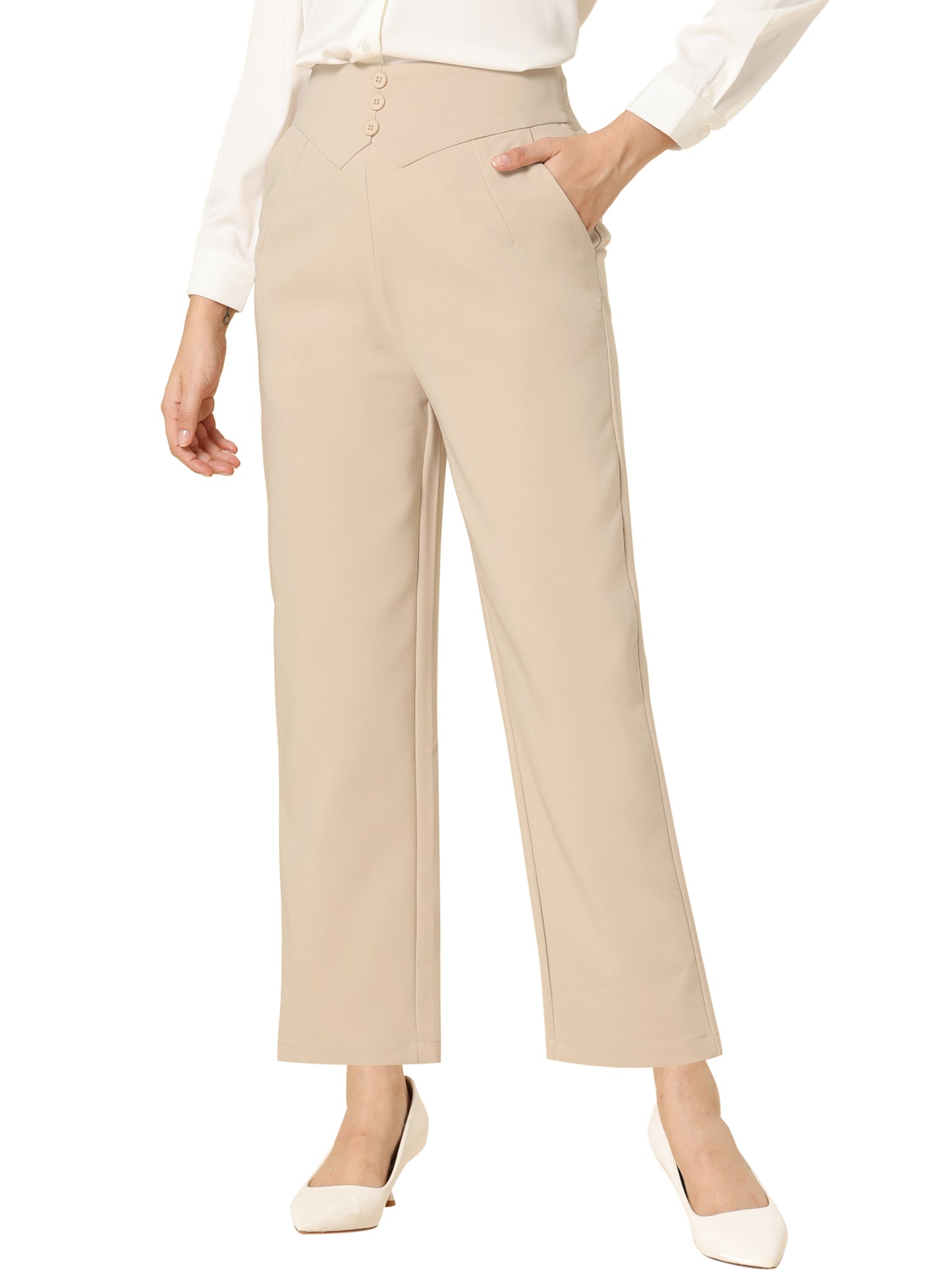 Women's Elegant Business Pants Elastic Waist Button Decor Straight Leg Work Trousers