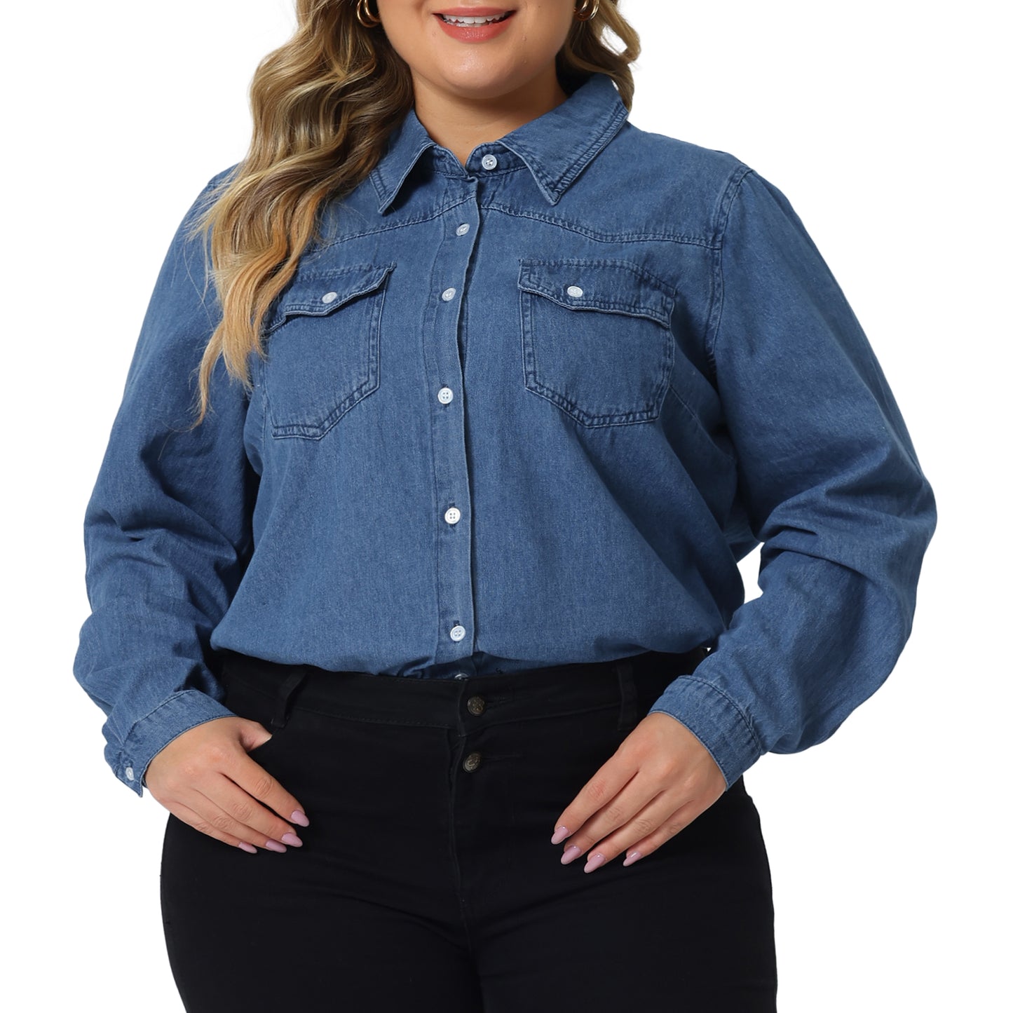 Women's Plus Size Button Down Denim Shirts Casual Long Sleeve Jean Top