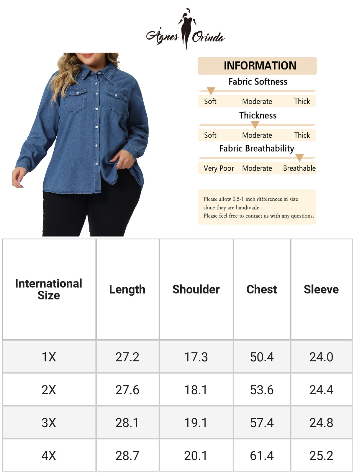 Women's Plus Size Button Down Denim Shirts Casual Long Sleeve Jean Top