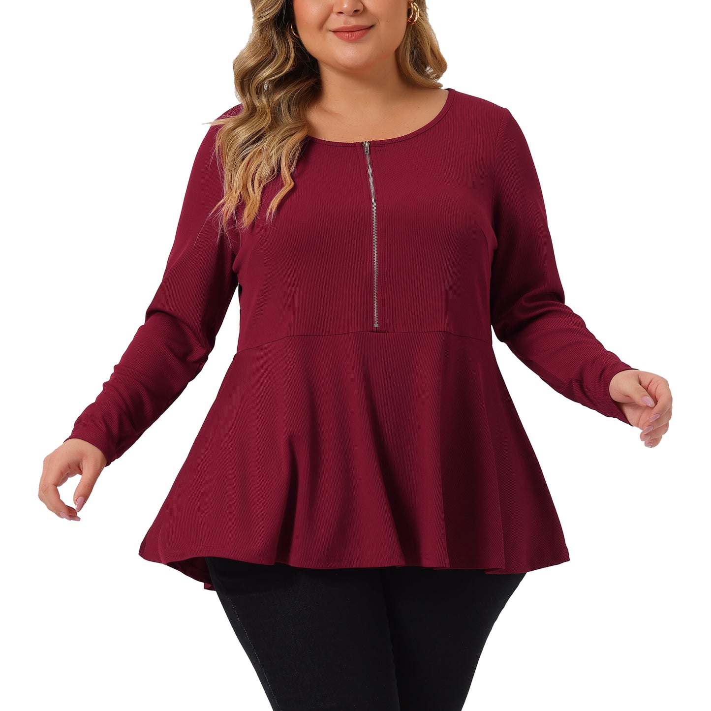 Women Plus Size Blouse Long Sleeve Half Zip Up Low Cut Ruffle Babydoll Peplum Top
