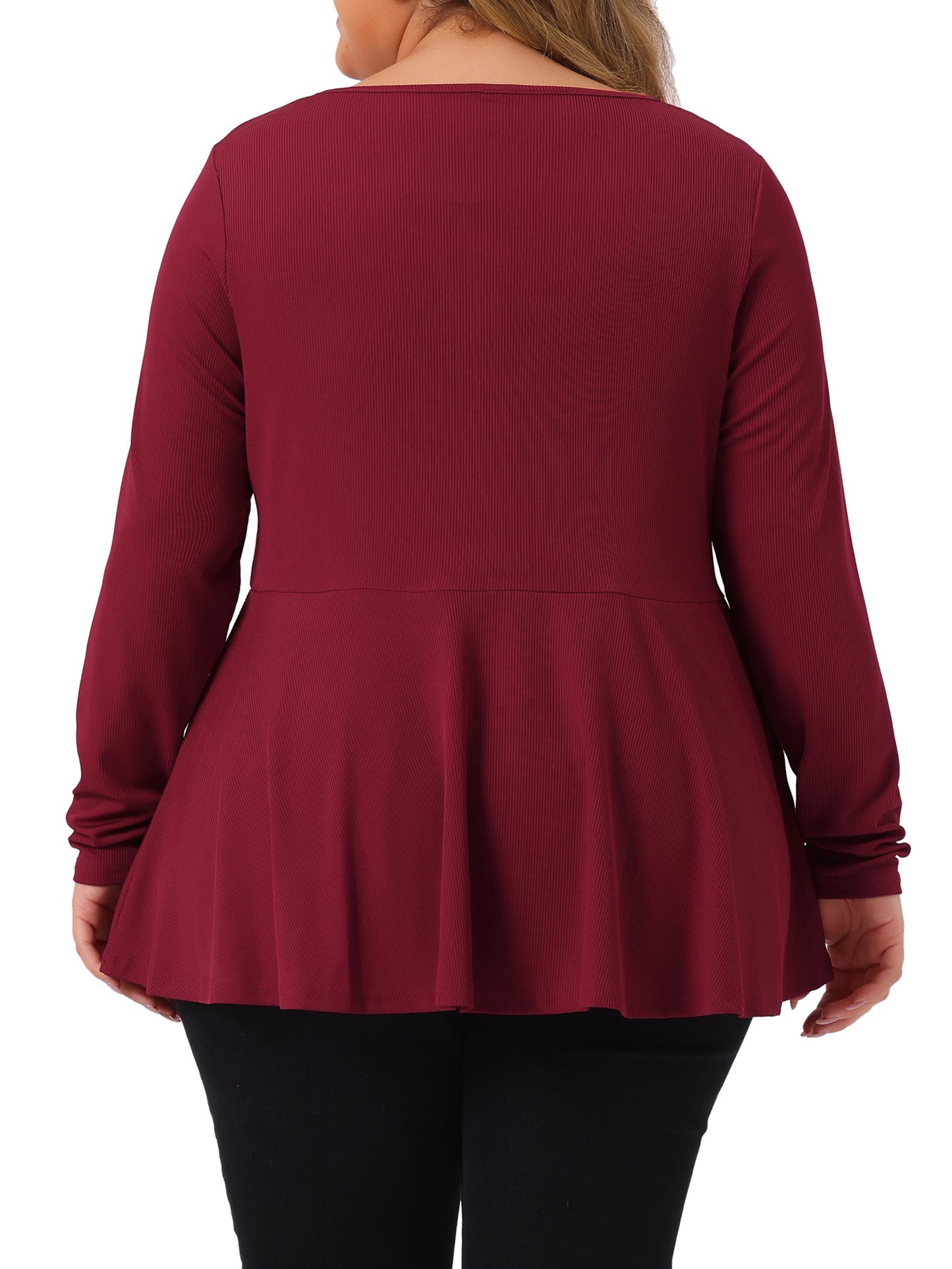 Women Plus Size Blouse Long Sleeve Half Zip Up Low Cut Ruffle Babydoll Peplum Top