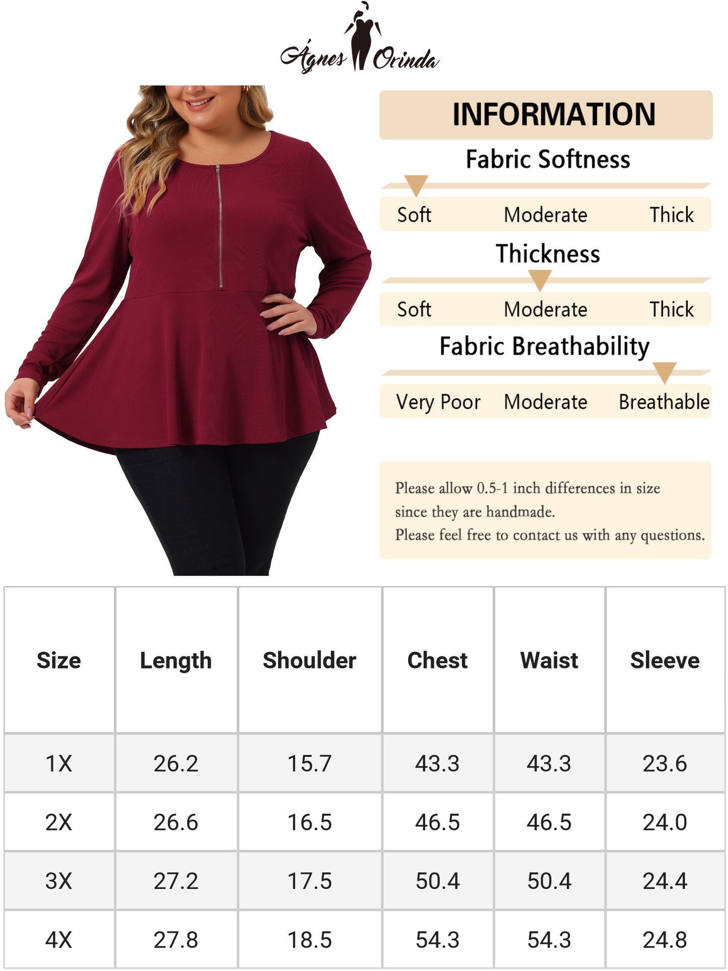 Women Plus Size Blouse Long Sleeve Half Zip Up Low Cut Ruffle Babydoll Peplum Top