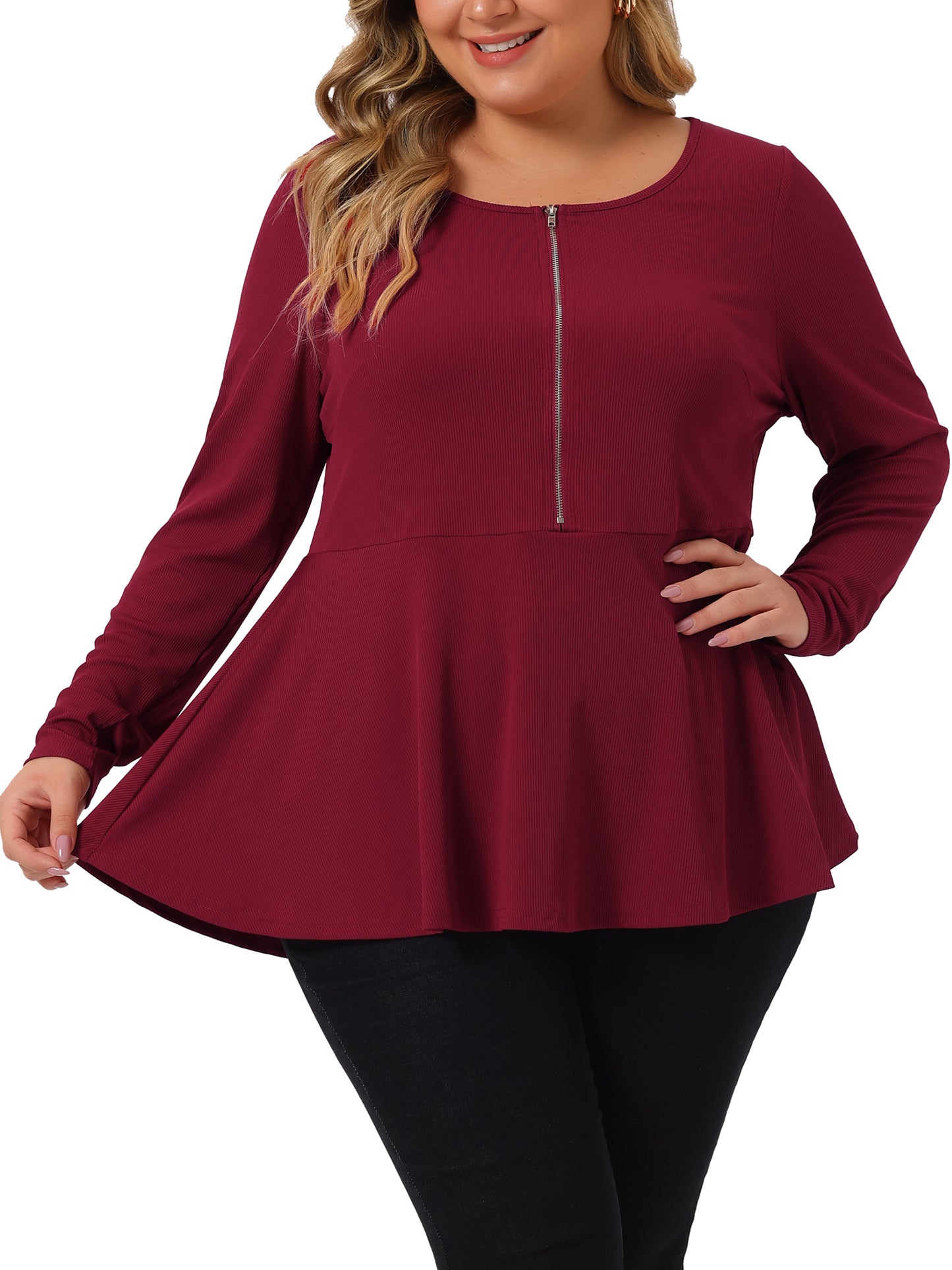 Women Plus Size Blouse Long Sleeve Half Zip Up Low Cut Ruffle Babydoll Peplum Top