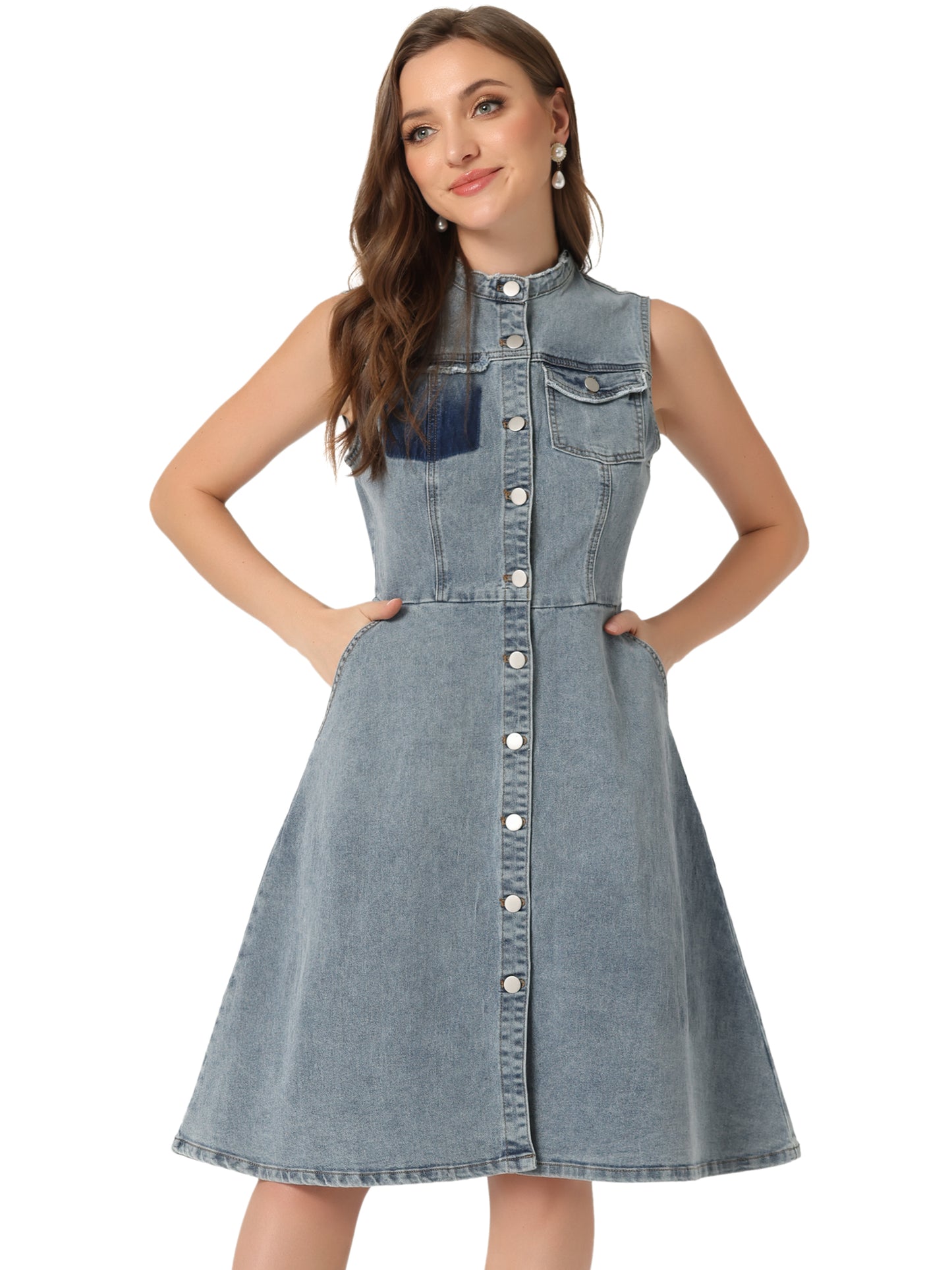 Women's Casual Denim Dress Button Down Sleeveless A-Line Midi Dress with Pockets