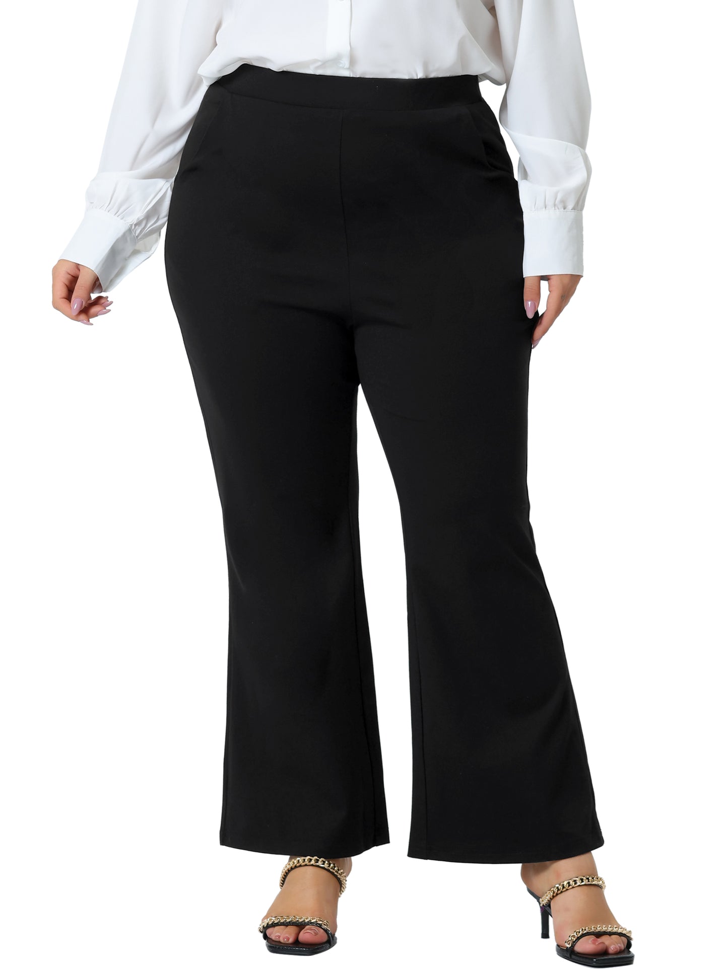 Women Plus Size Pants Bell Bottom Flare Leg Stretchy High Waist with Pockets Long Pants