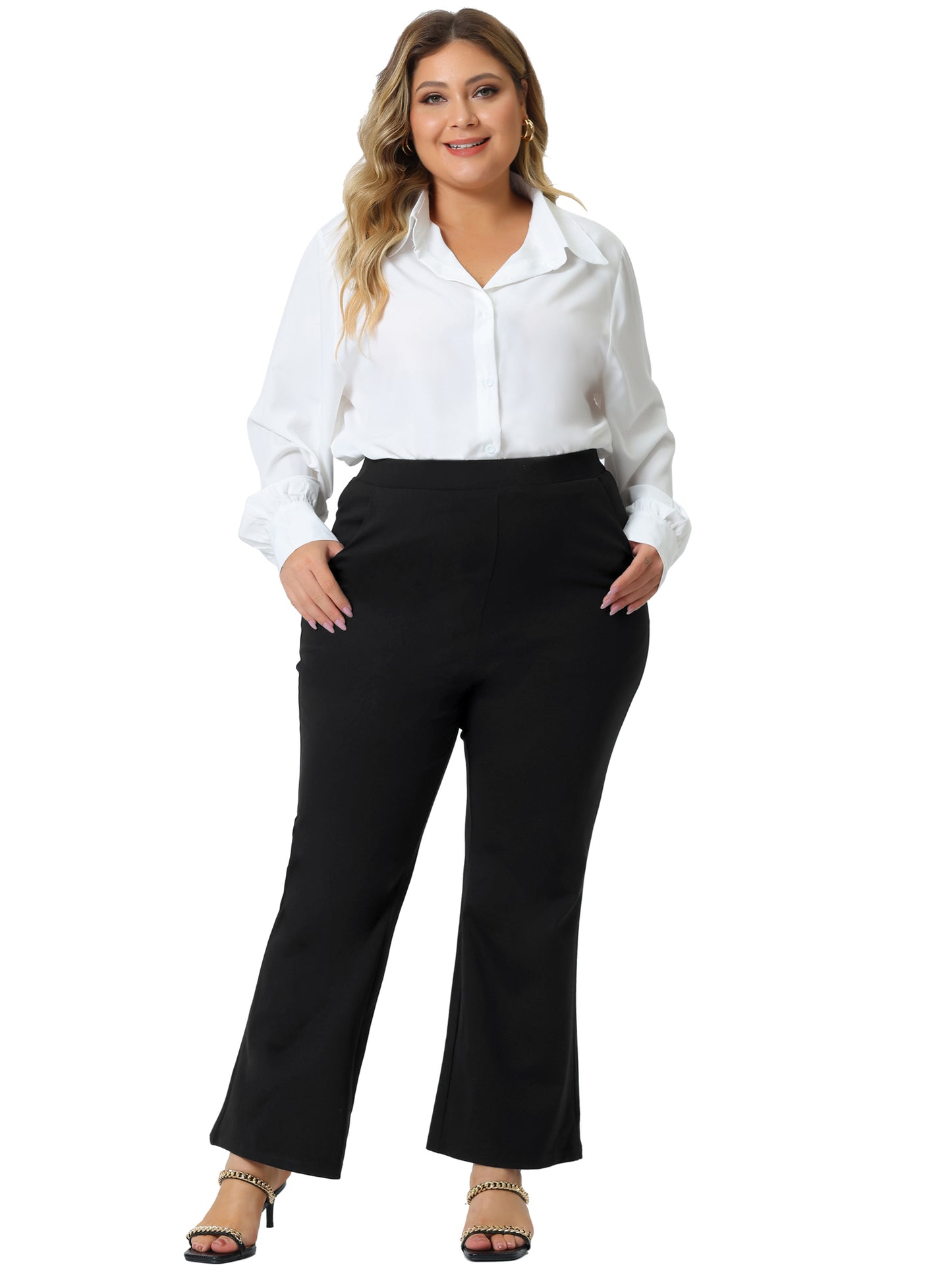 Women Plus Size Pants Bell Bottom Flare Leg Stretchy High Waist with Pockets Long Pants