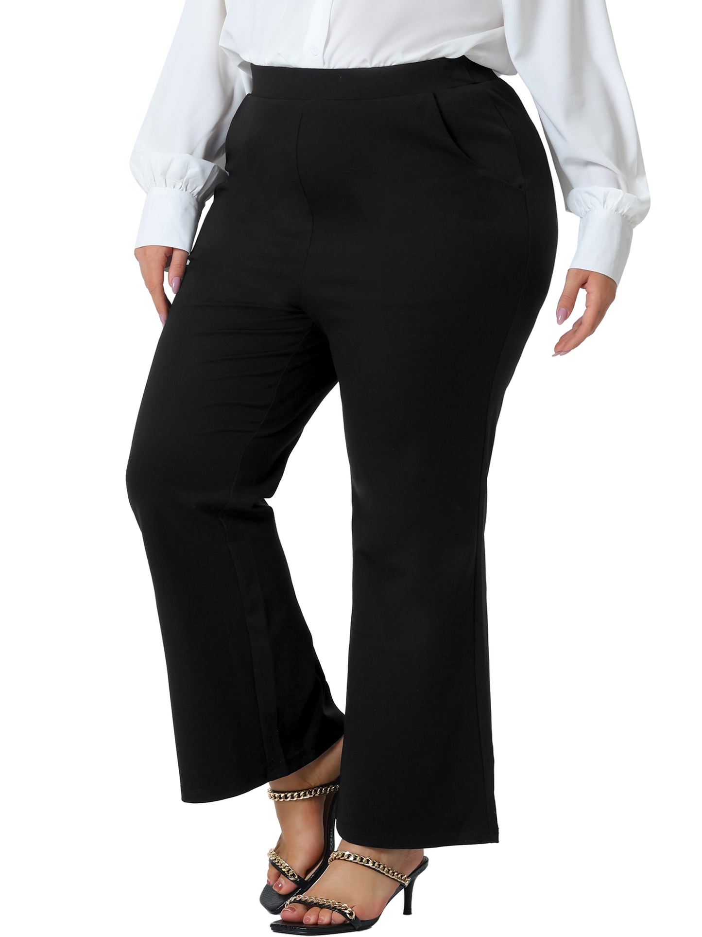 Women Plus Size Pants Bell Bottom Flare Leg Stretchy High Waist with Pockets Long Pants