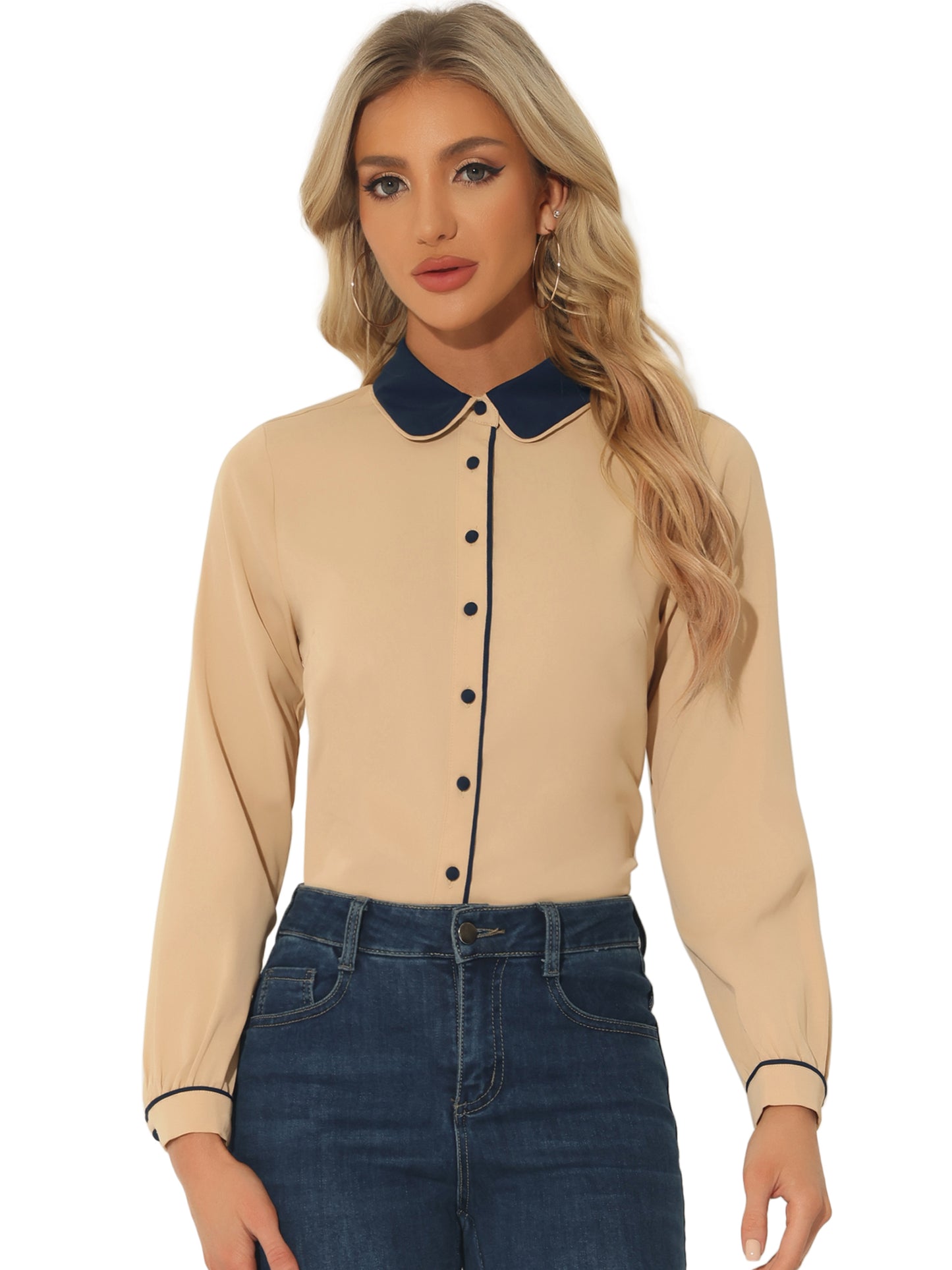 Women's Long Sleeve Contrast Peter Pan Collar Office Work Button Down Shirt
