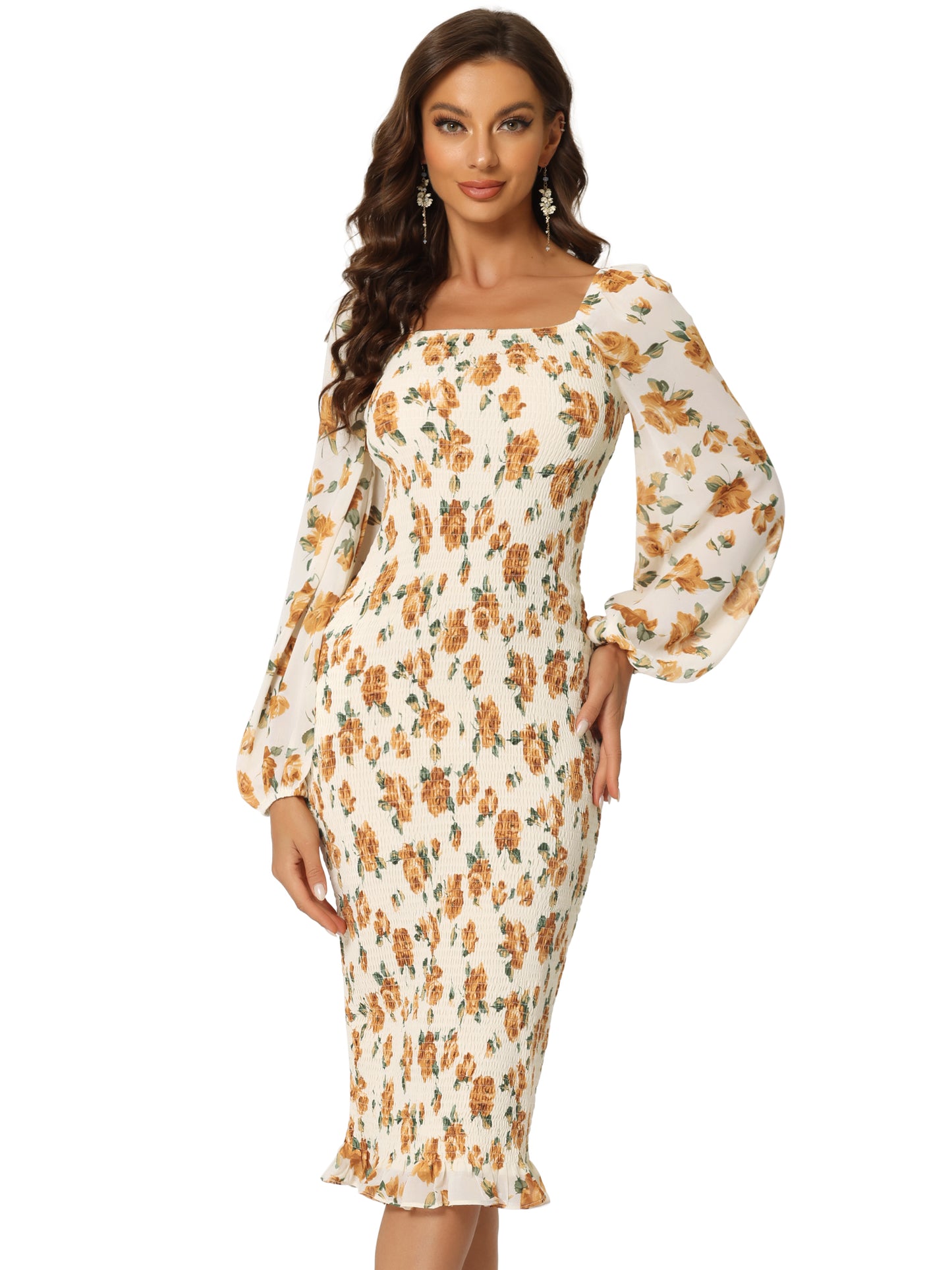 Women's Floral Dresses Mermaid Square Neck Ruffle Puff Sleeve Smocked Bodycon Dress