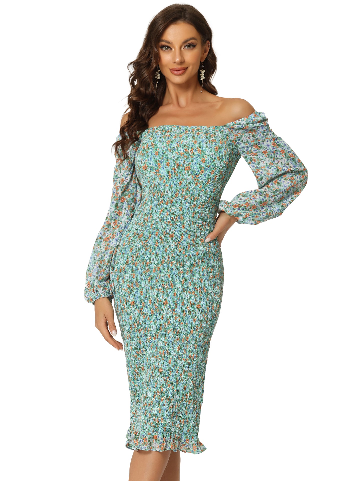 Women's Floral Dresses Mermaid Square Neck Ruffle Puff Sleeve Smocked Bodycon Dress