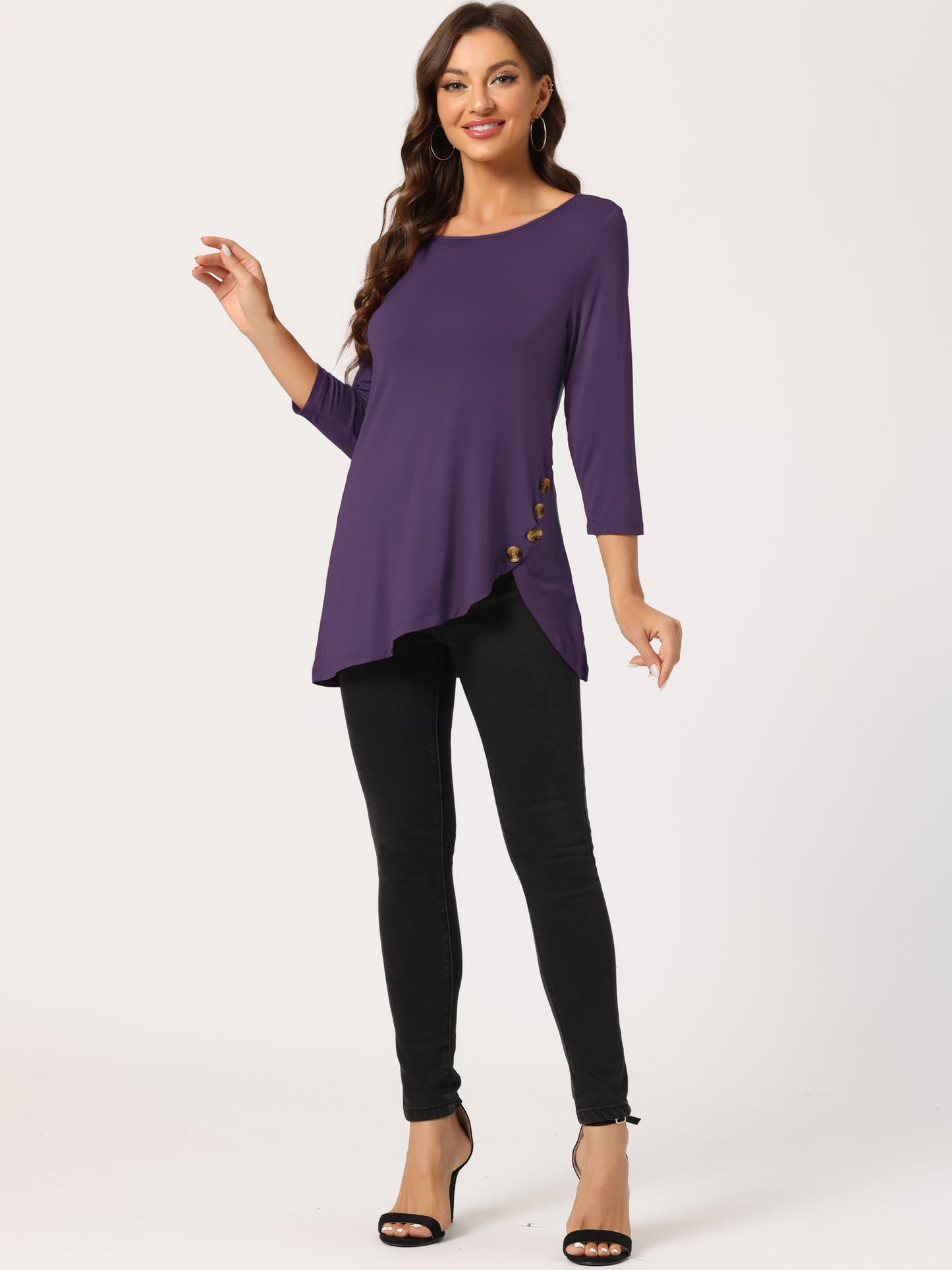 Women's Tunic T-shirt Loose Asymmetry Hem 3/4 Sleeve Round Neck Casual Basic Top