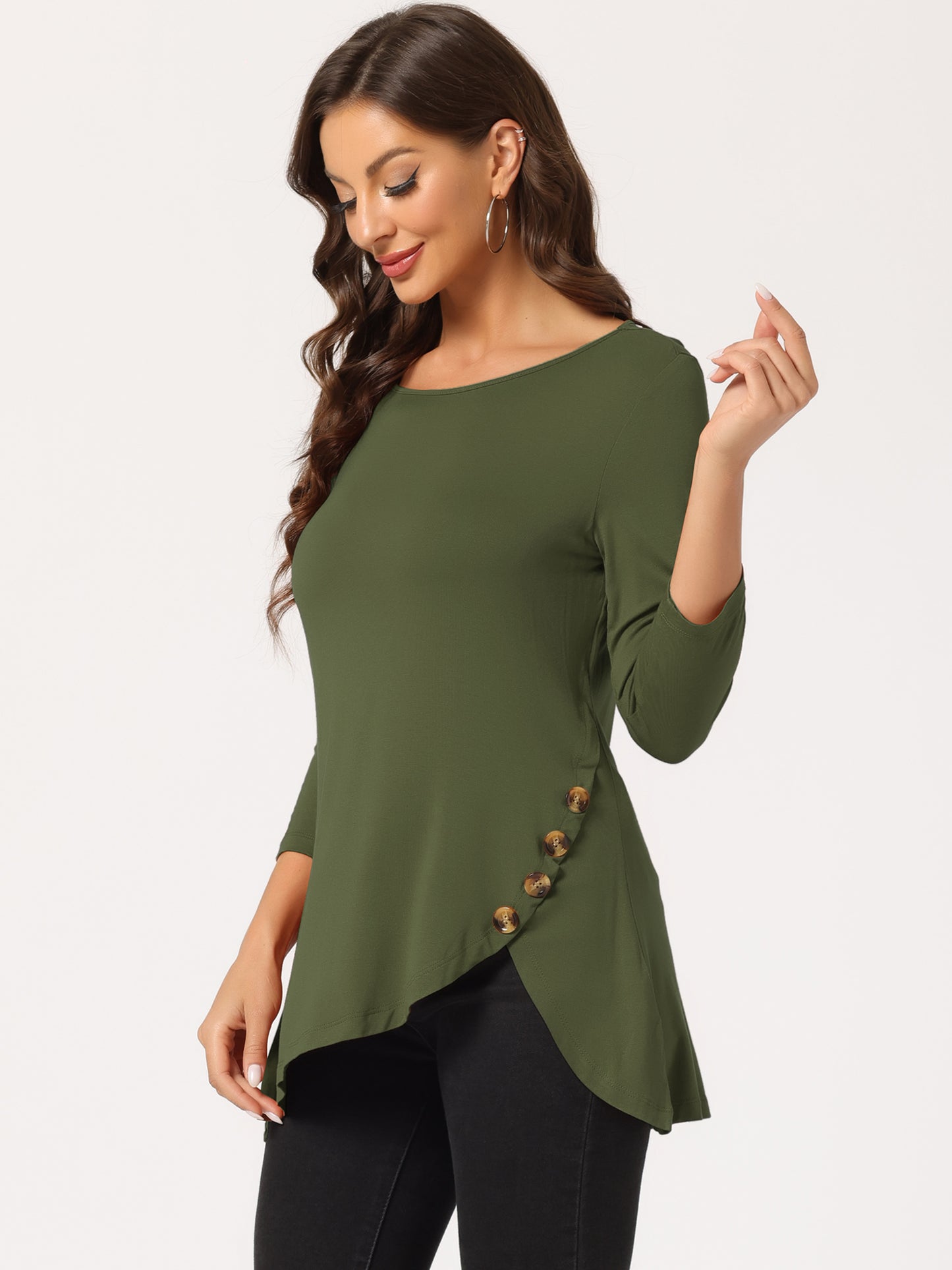 Women's Tunic T-shirt Loose Asymmetry Hem 3/4 Sleeve Round Neck Casual Basic Top