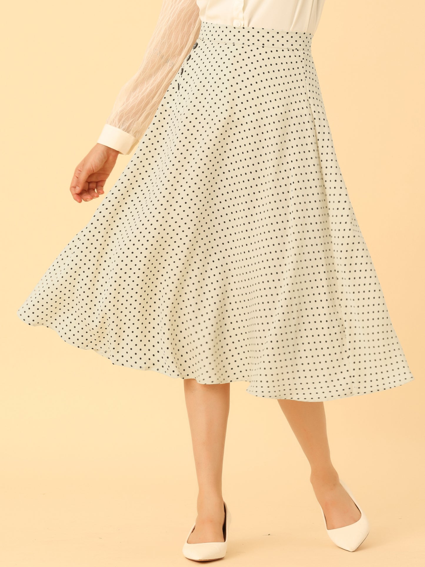 Falda midi vintage de corte A con cintura elástica y lunares retro para mujer