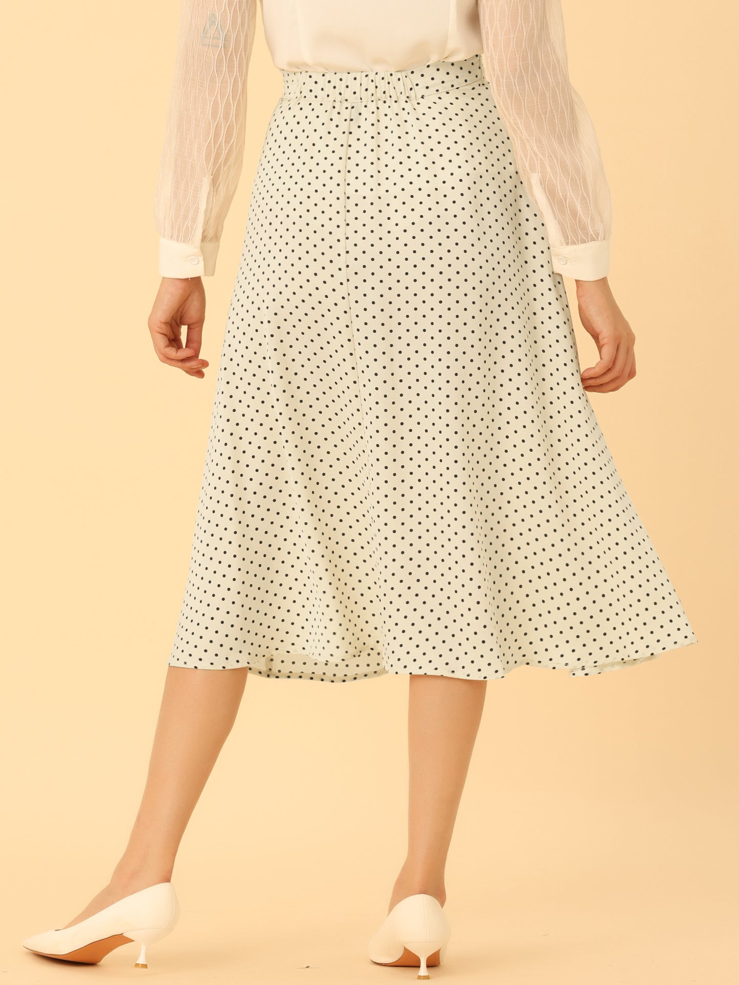Falda midi vintage de corte A con cintura elástica y lunares retro para mujer