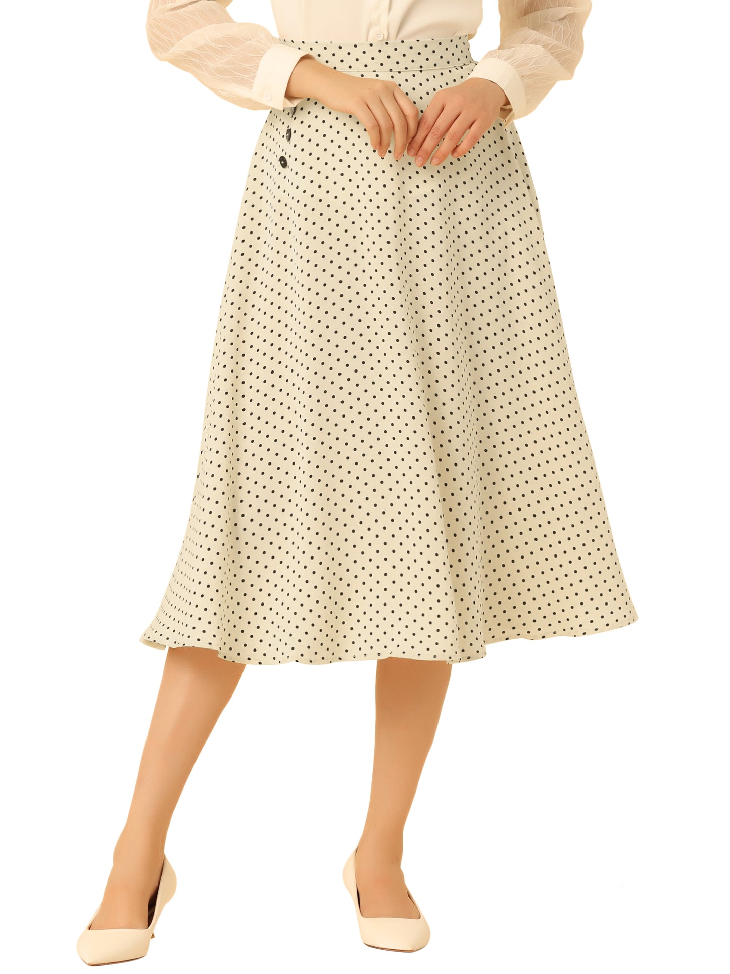 Falda midi vintage de corte A con cintura elástica y lunares retro para mujer