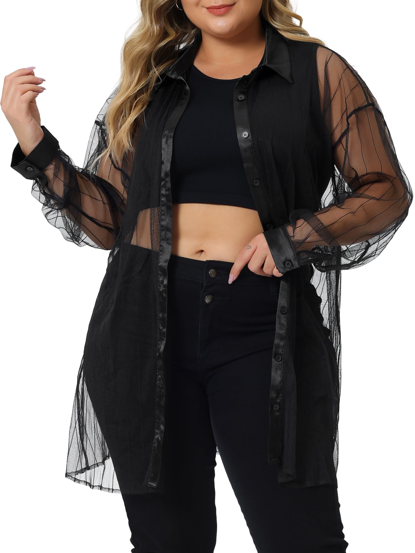 Women Plus Size Shirt Mesh Sheer Long Sleeve Button Down See Through Top