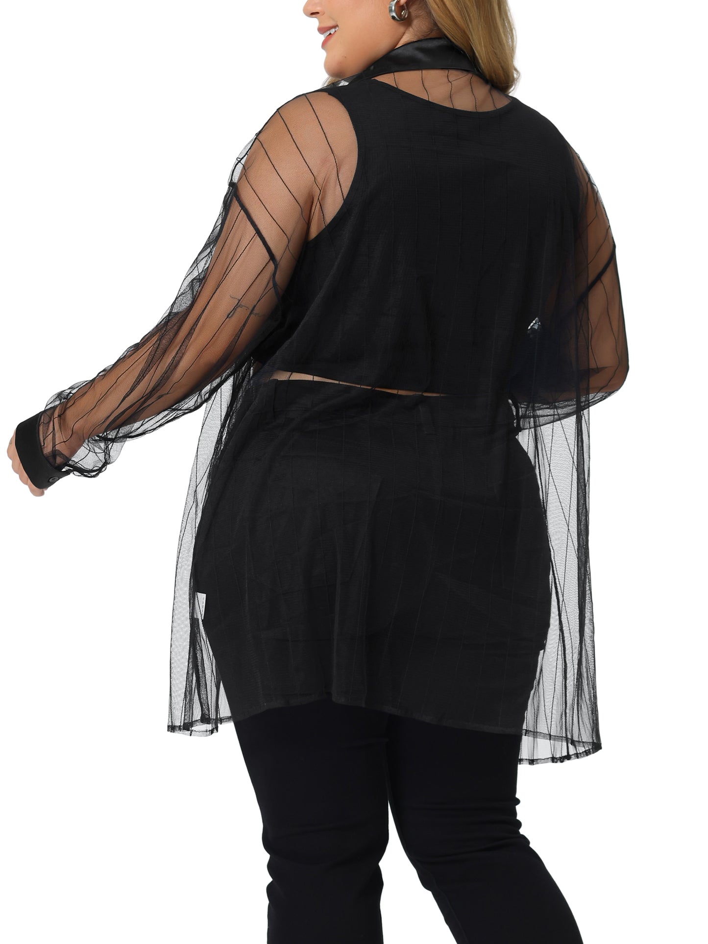 Women Plus Size Shirt Mesh Sheer Long Sleeve Button Down See Through Top