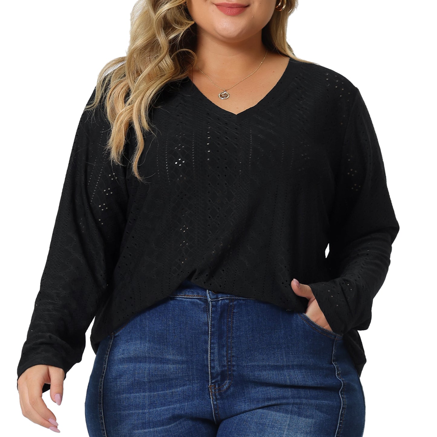 Women Plus Size Tops V Neck Long Sleeve Hollow Eyelet Tops Blouse Pullover T-Shirt