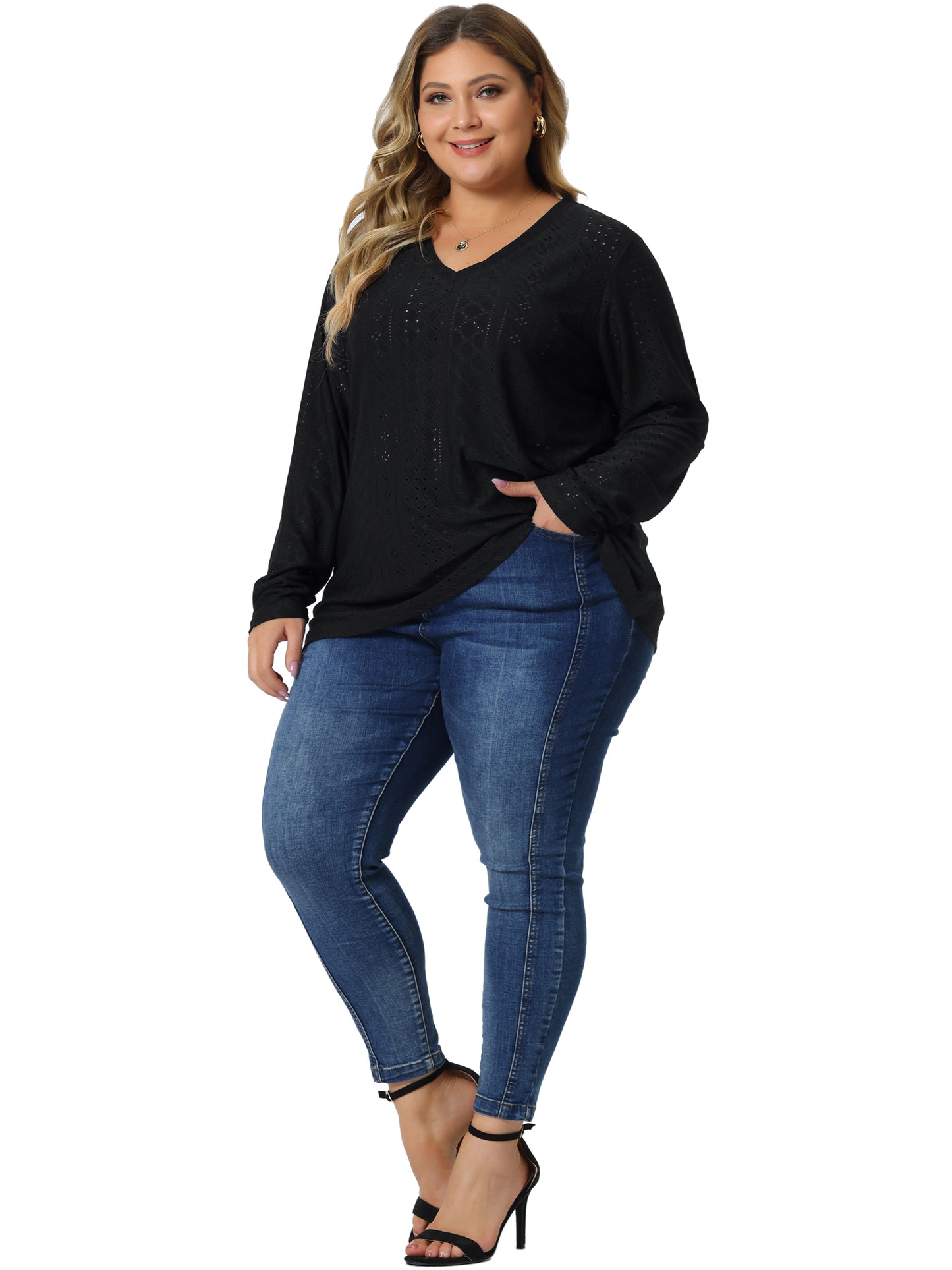 Women Plus Size Tops V Neck Long Sleeve Hollow Eyelet Tops Blouse Pullover T-Shirt