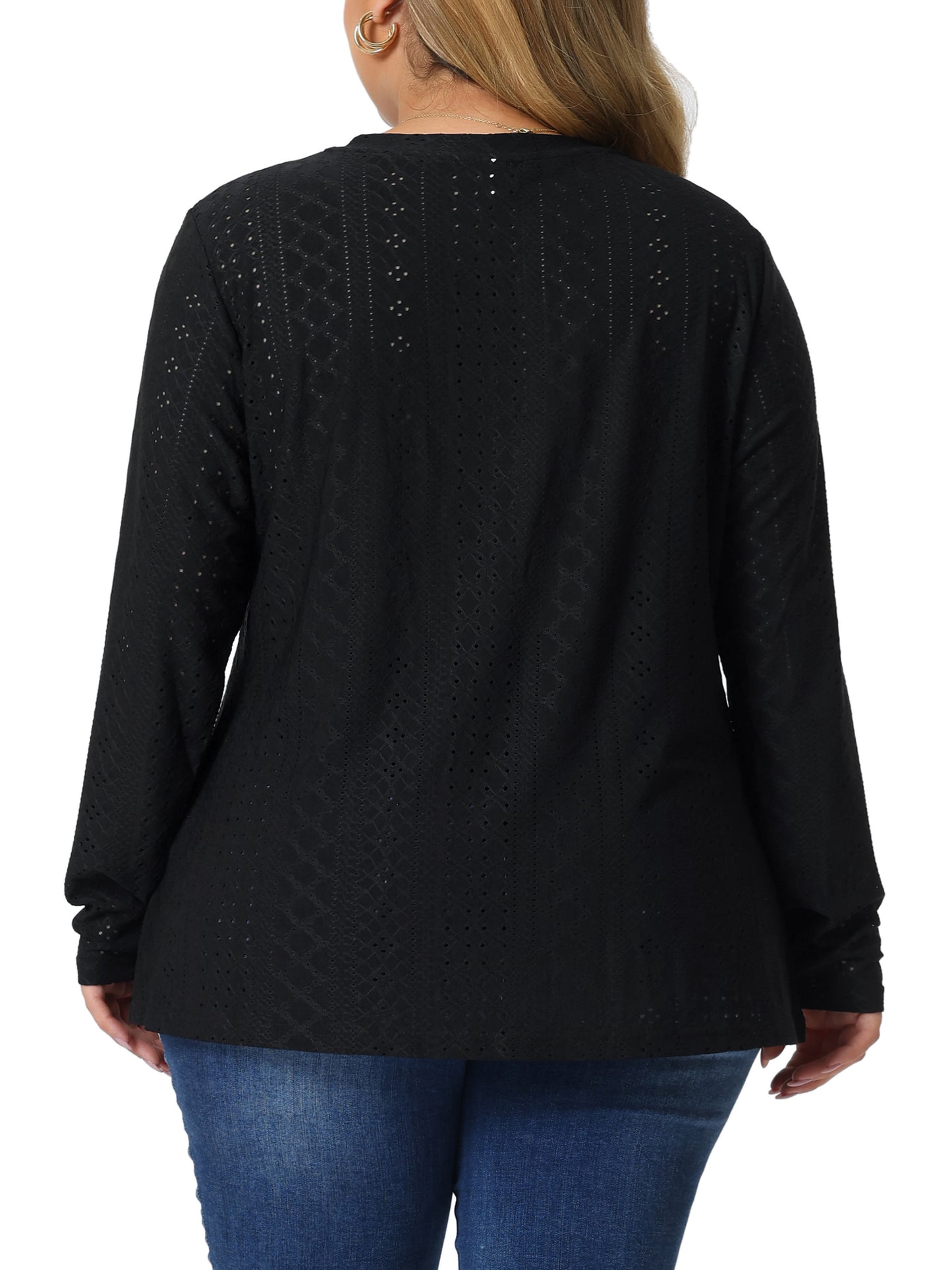 Women Plus Size Tops V Neck Long Sleeve Hollow Eyelet Tops Blouse Pullover T-Shirt