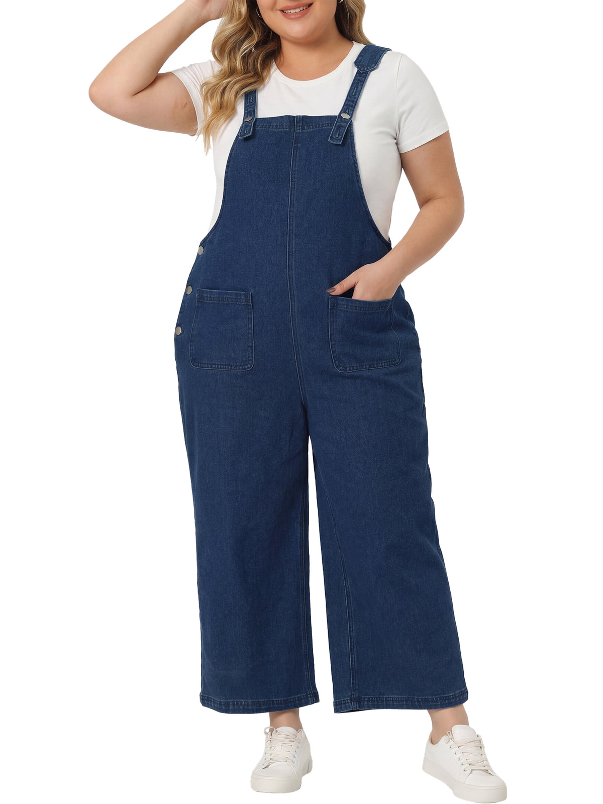 Women Plus Size Denim Bib Overalls Classic Adjustable Straps Pockets Jumpsuit Jeans Pants