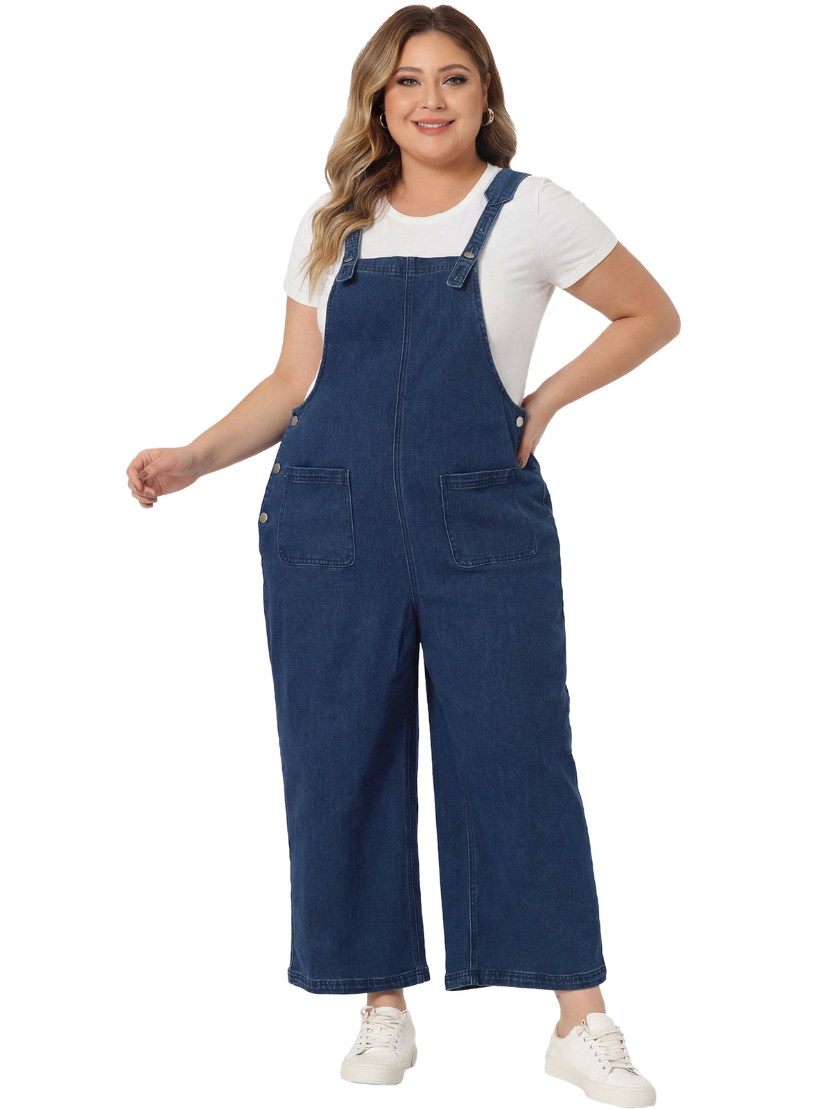 Women Plus Size Denim Bib Overalls Classic Adjustable Straps Pockets Jumpsuit Jeans Pants