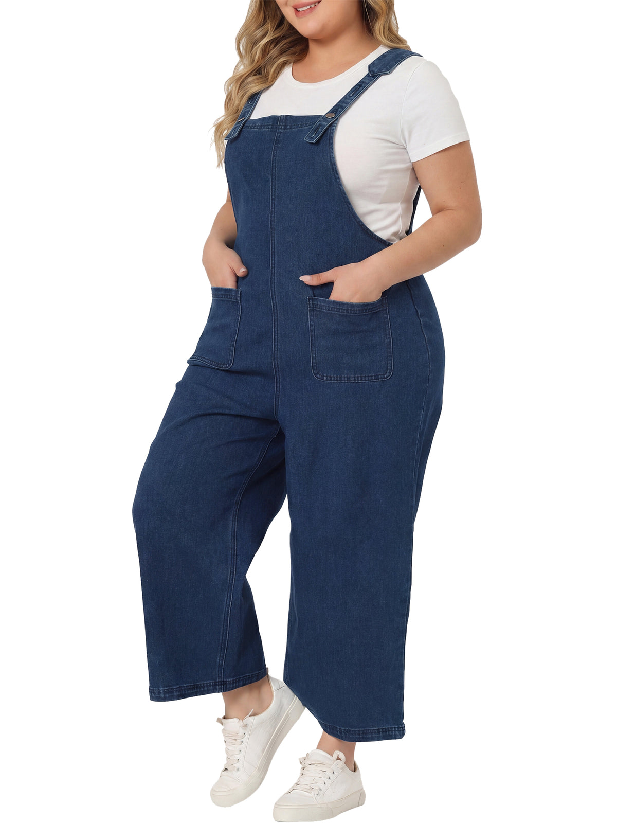 Women Plus Size Denim Bib Overalls Classic Adjustable Straps Pockets Jumpsuit Jeans Pants