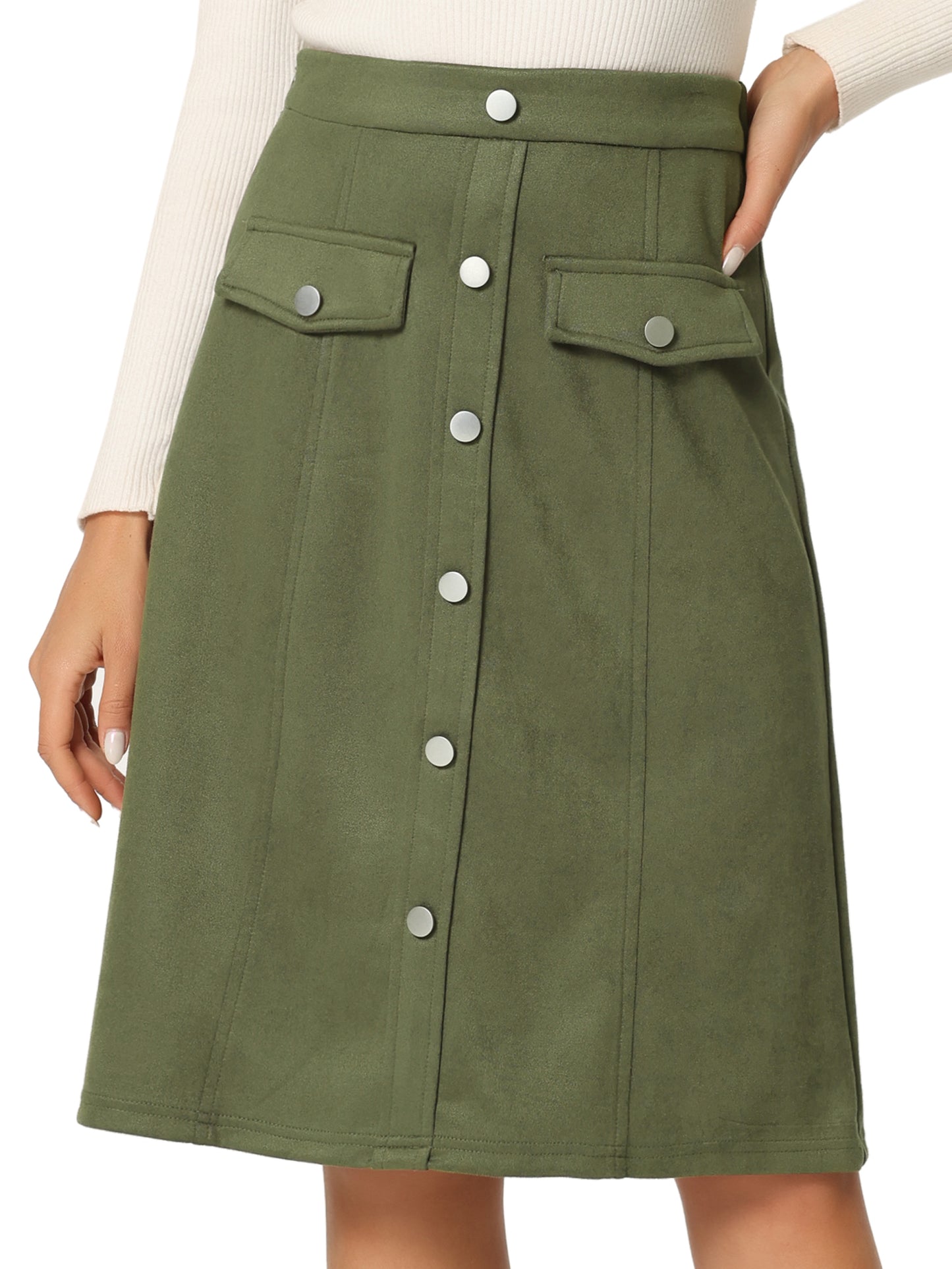 Women's Faux Suede Skirt Button Front High Waist Fall Knee Length A-Line Skirts