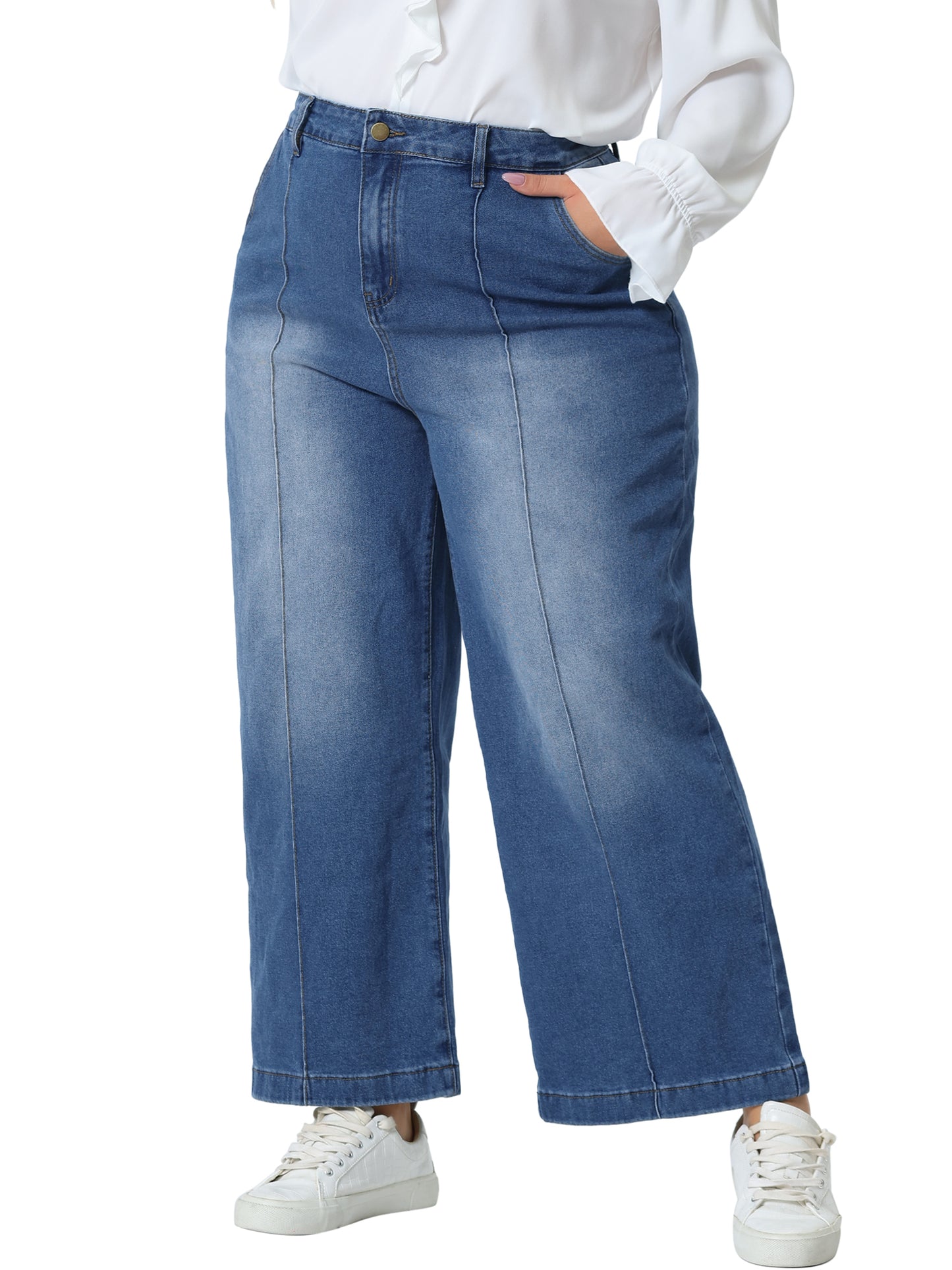 Women Plus Size Jeans Wide Leg Baggy Washed Stretch with Pockets Denim Ankle Pants