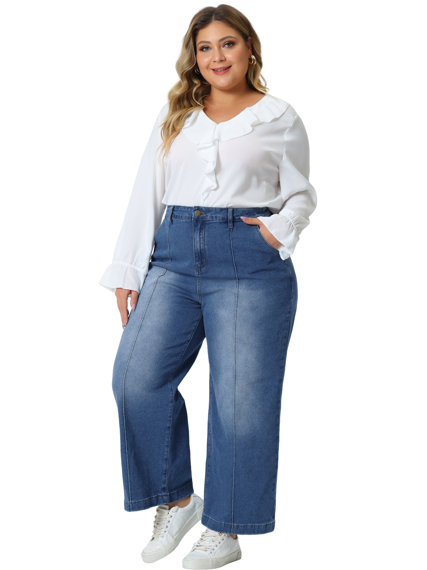 Women Plus Size Jeans Wide Leg Baggy Washed Stretch with Pockets Denim Ankle Pants