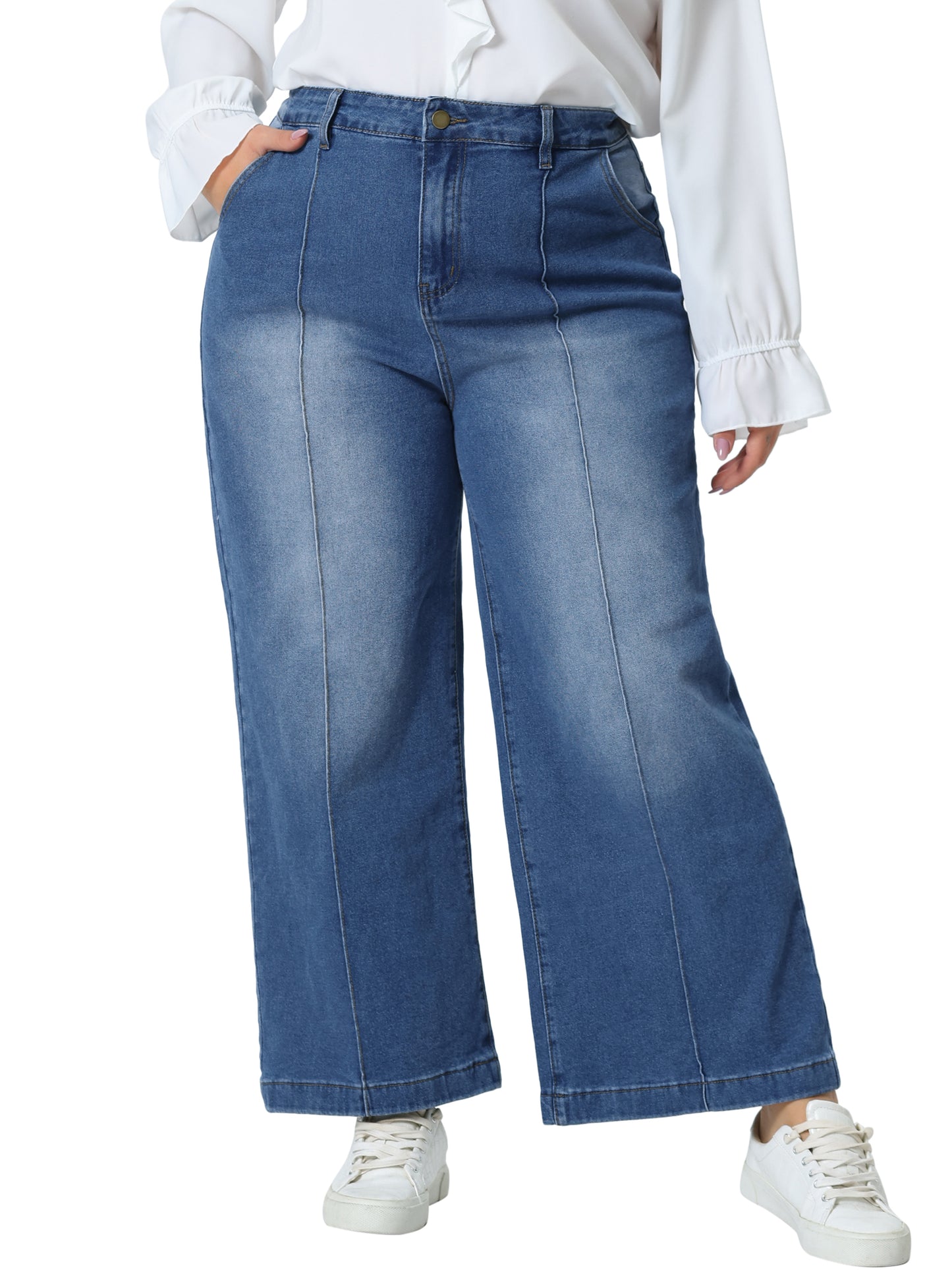Women Plus Size Jeans Wide Leg Baggy Washed Stretch with Pockets Denim Ankle Pants