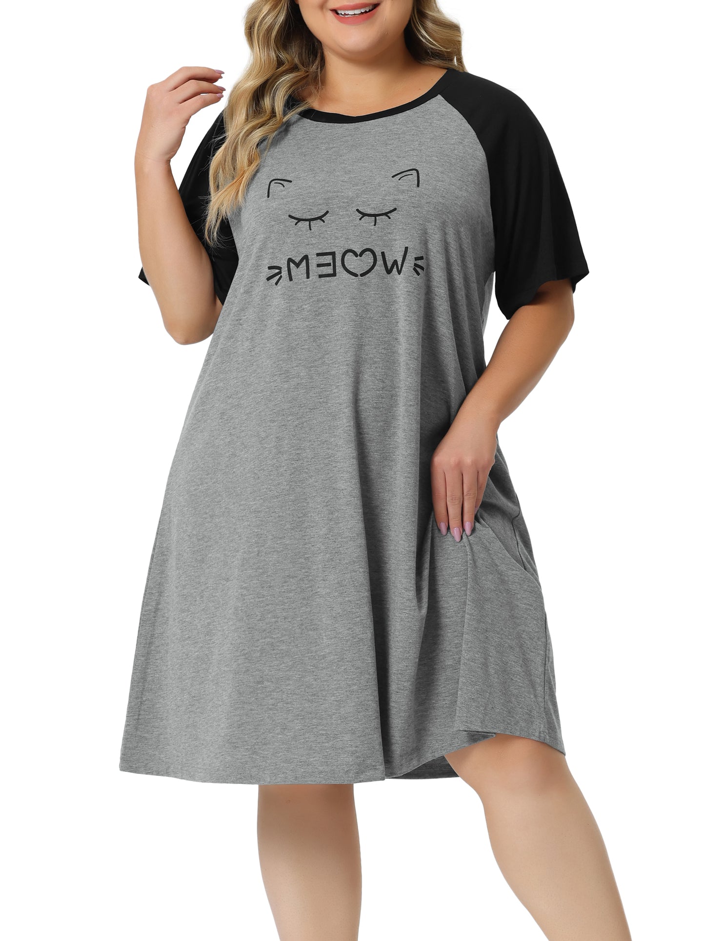 Women Plus Size Nightgown Short Sleeve Cute Cat Print Sleep Dress Sleepwear