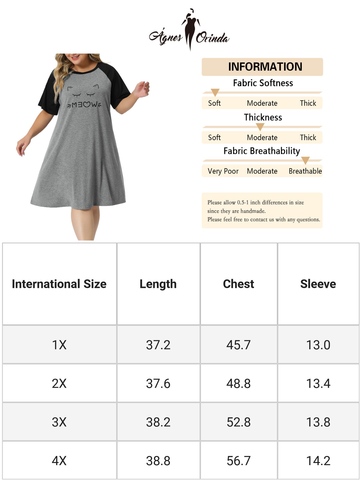 Women Plus Size Nightgown Short Sleeve Cute Cat Print Sleep Dress Sleepwear
