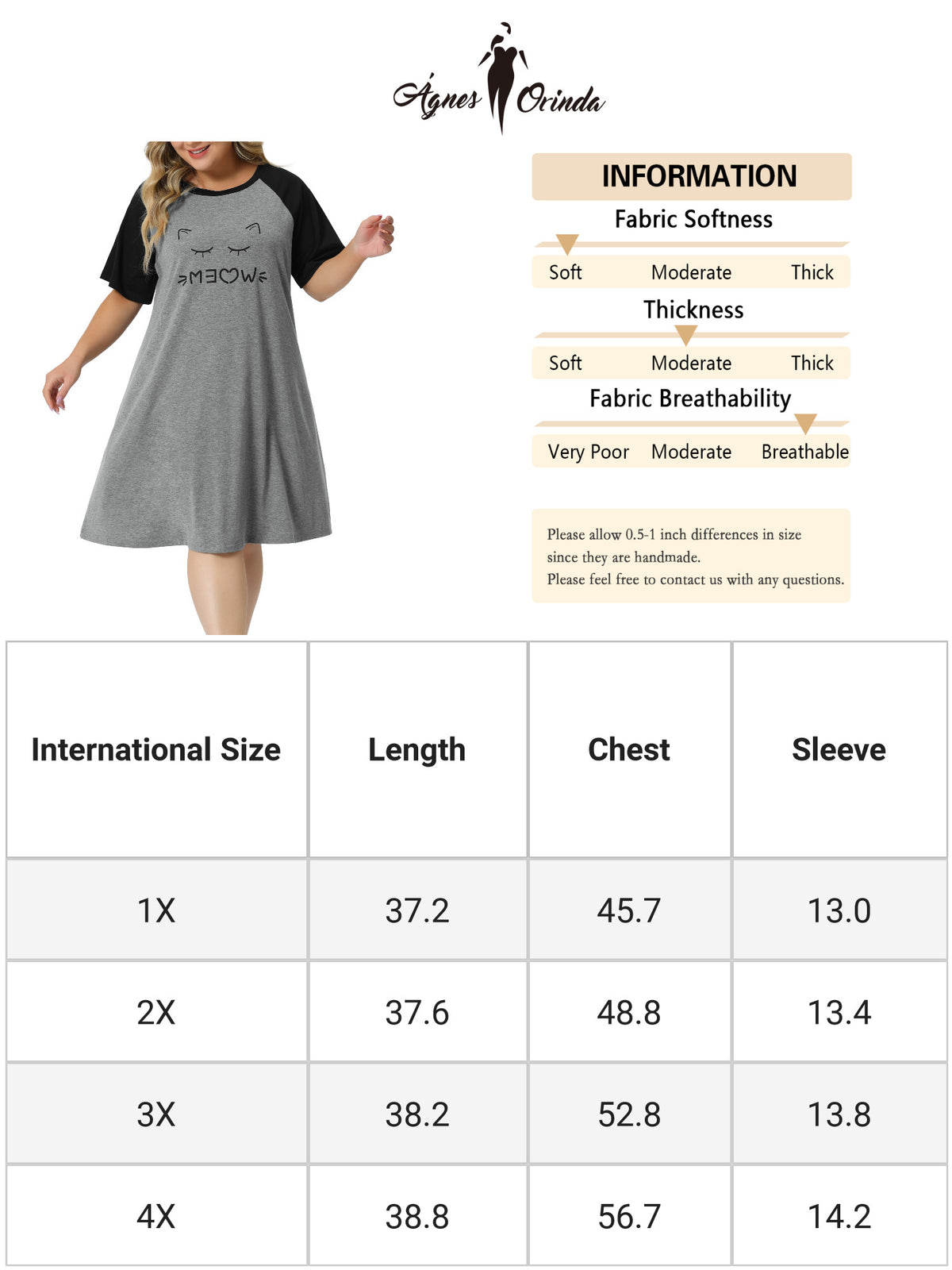 Women Plus Size Nightgown Short Sleeve Cute Cat Print Sleep Dress Sleepwear
