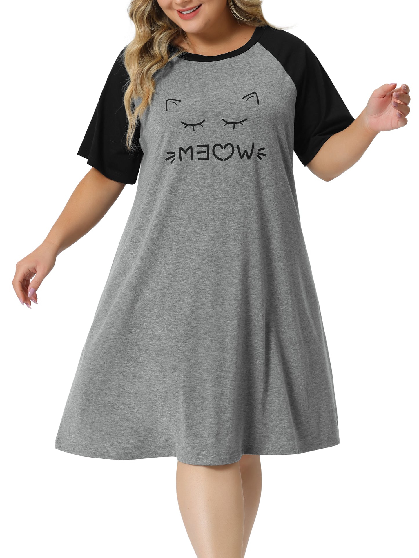 Women Plus Size Nightgown Short Sleeve Cute Cat Print Sleep Dress Sleepwear