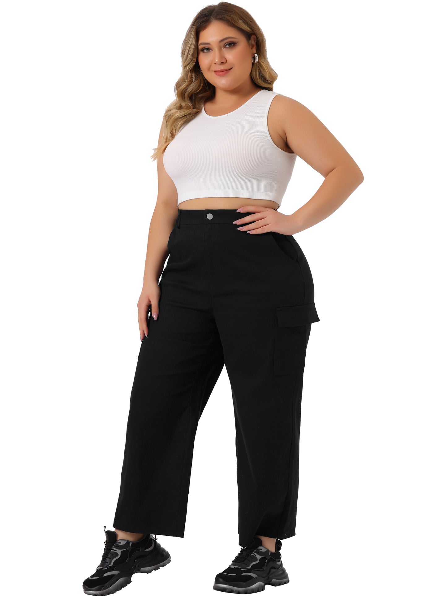 Women Plus Size Cargo Pants Elastic Waist with Pockets Workout Trousers