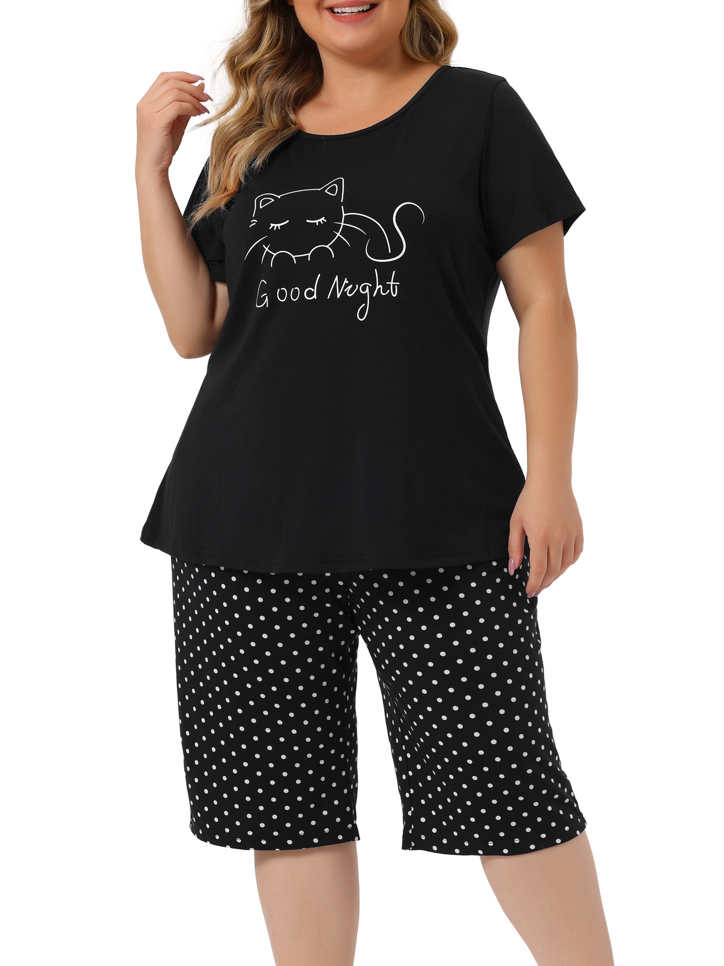 Women Plus Size Pajama Short Sleeve Tops and Pants Cute Cat Sleepwear Loungewear Set