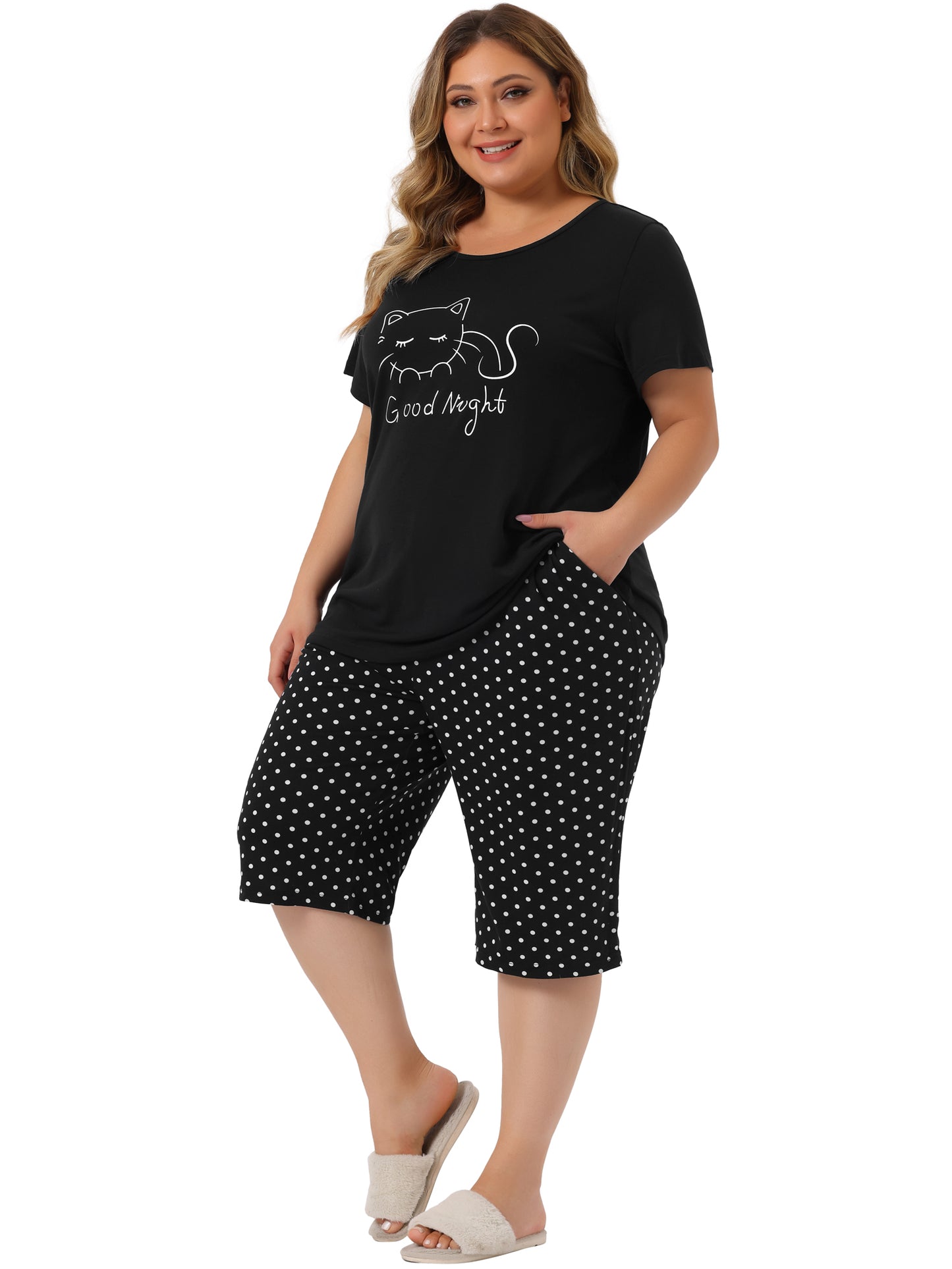 Women Plus Size Pajama Short Sleeve Tops and Pants Cute Cat Sleepwear Loungewear Set