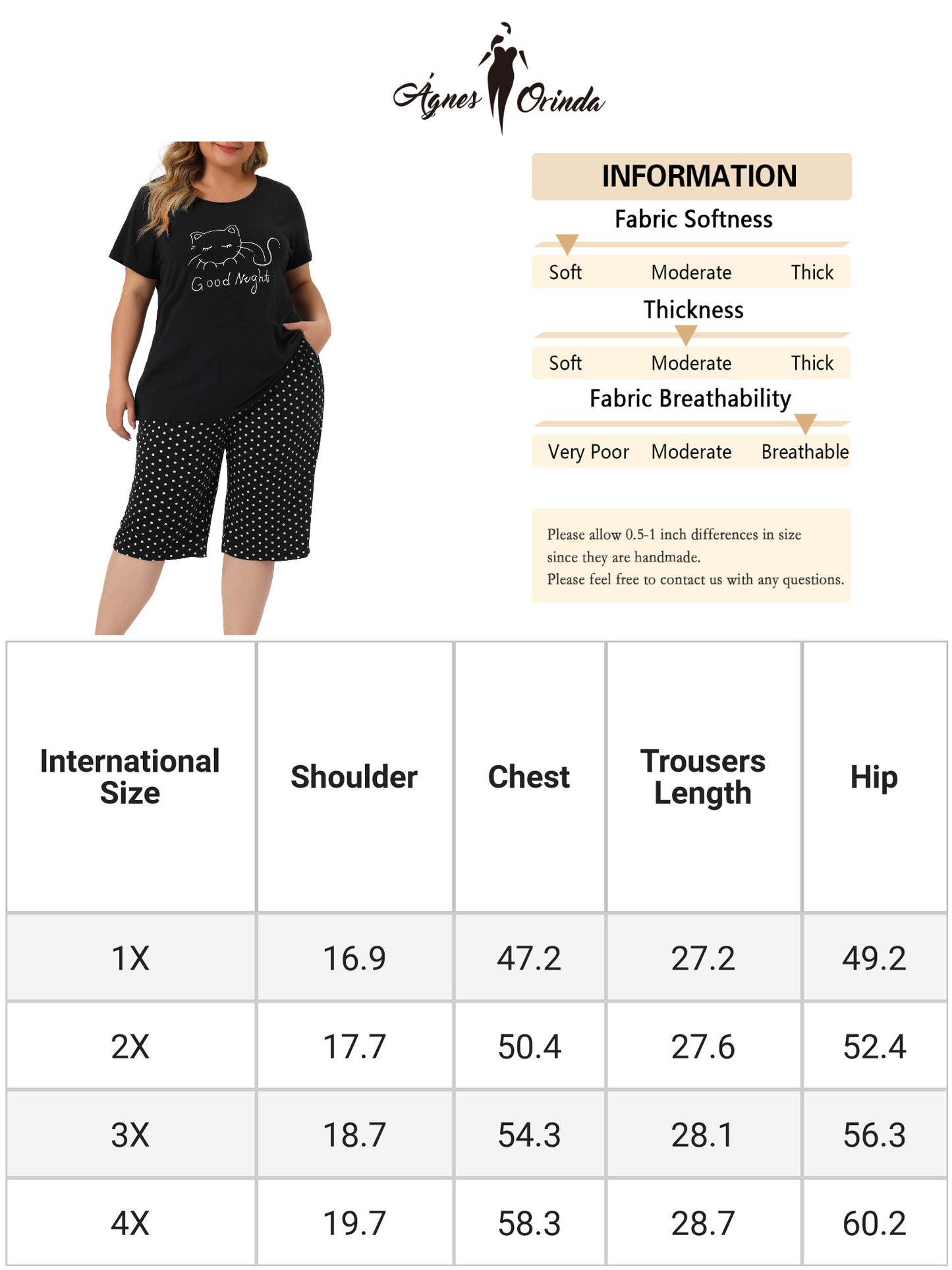Women Plus Size Pajama Short Sleeve Tops and Pants Cute Cat Sleepwear Loungewear Set