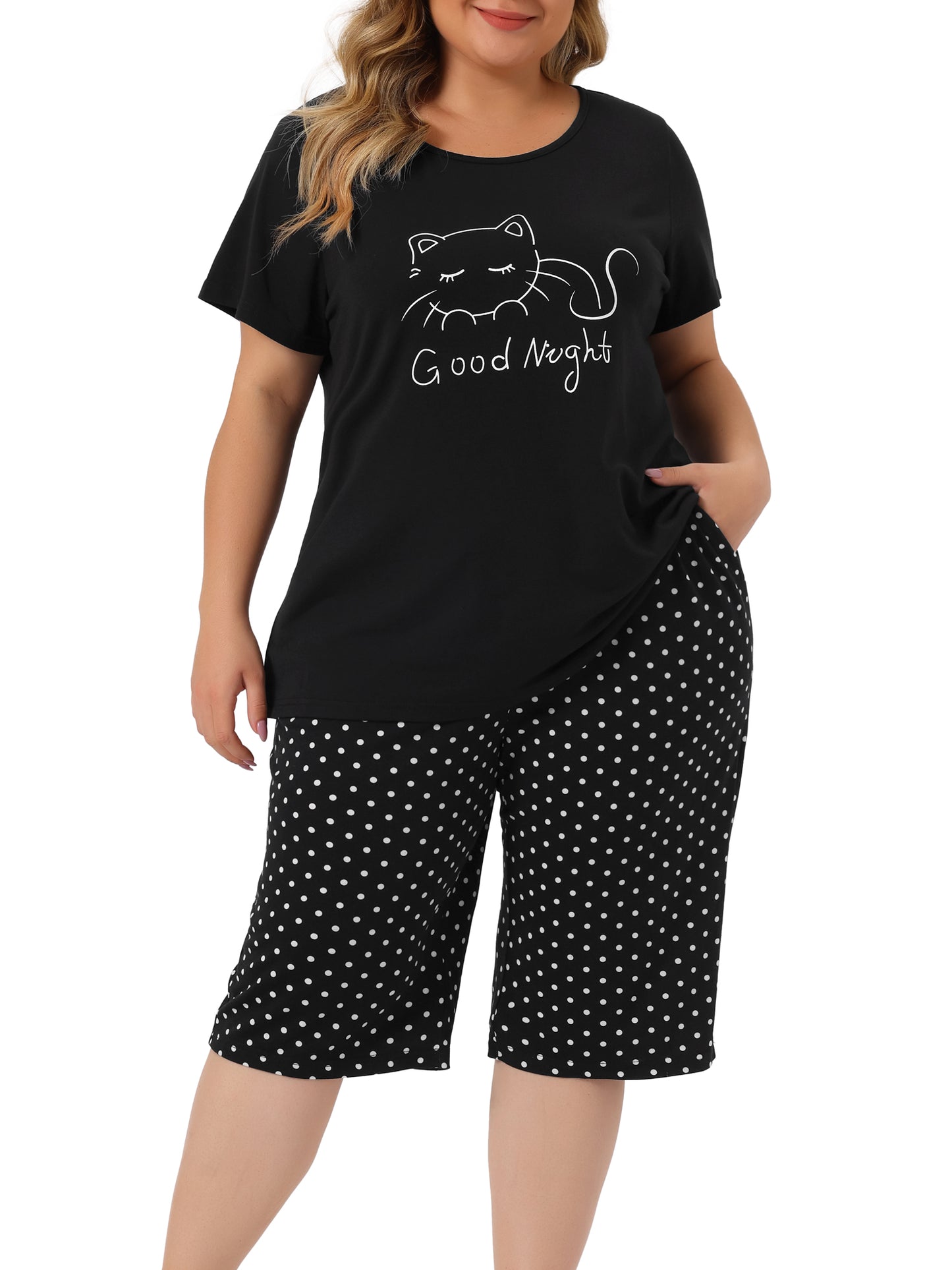 Women Plus Size Pajama Short Sleeve Tops and Pants Cute Cat Sleepwear Loungewear Set
