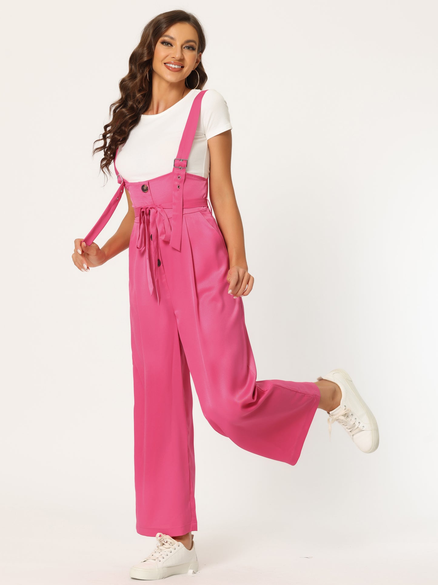 Women's Wide Leg Overalls Loose Fit Belted High Waist Suspenders Jumpsuits