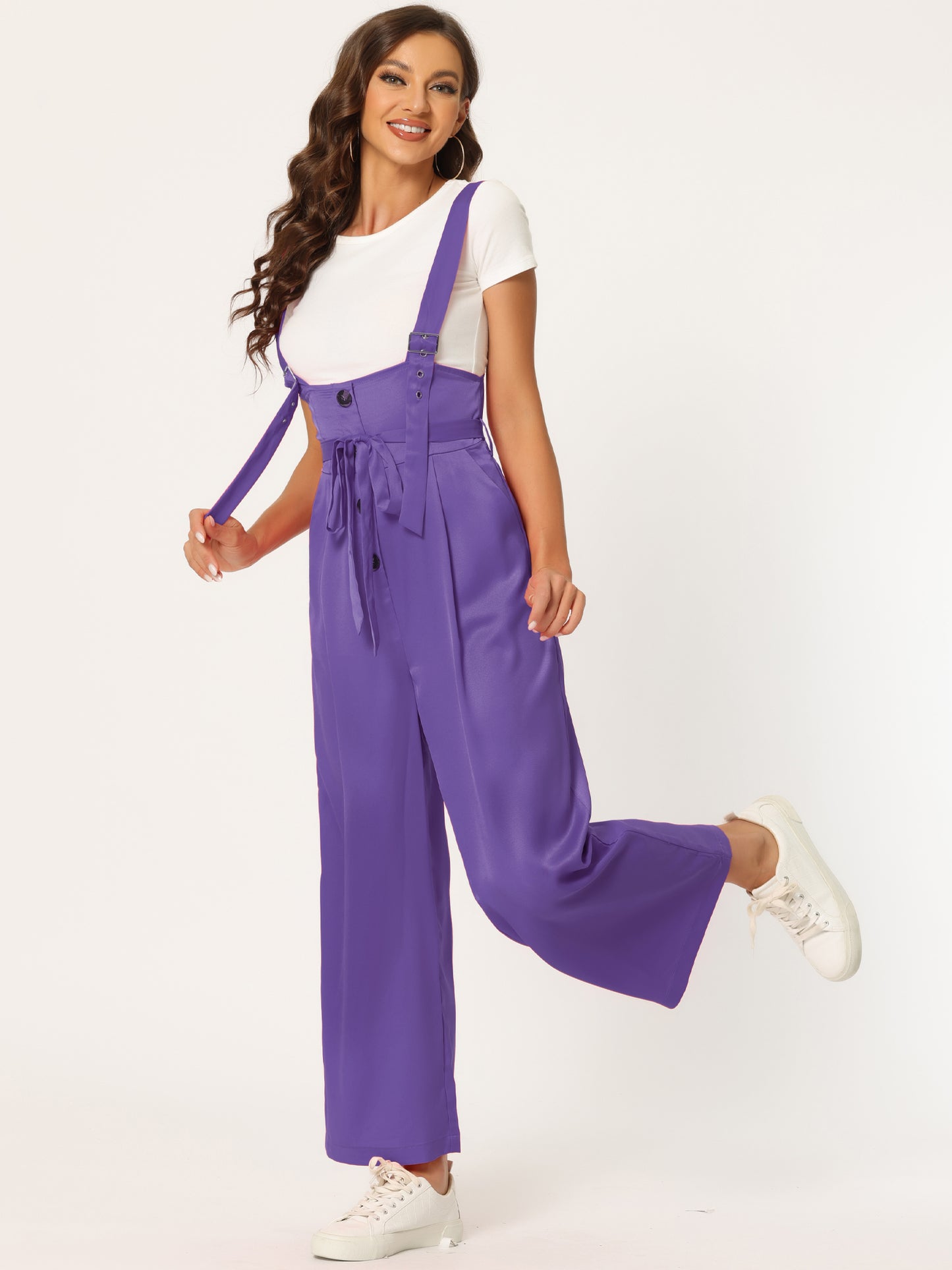 Women's Wide Leg Overalls Loose Fit Belted High Waist Suspenders Jumpsuits
