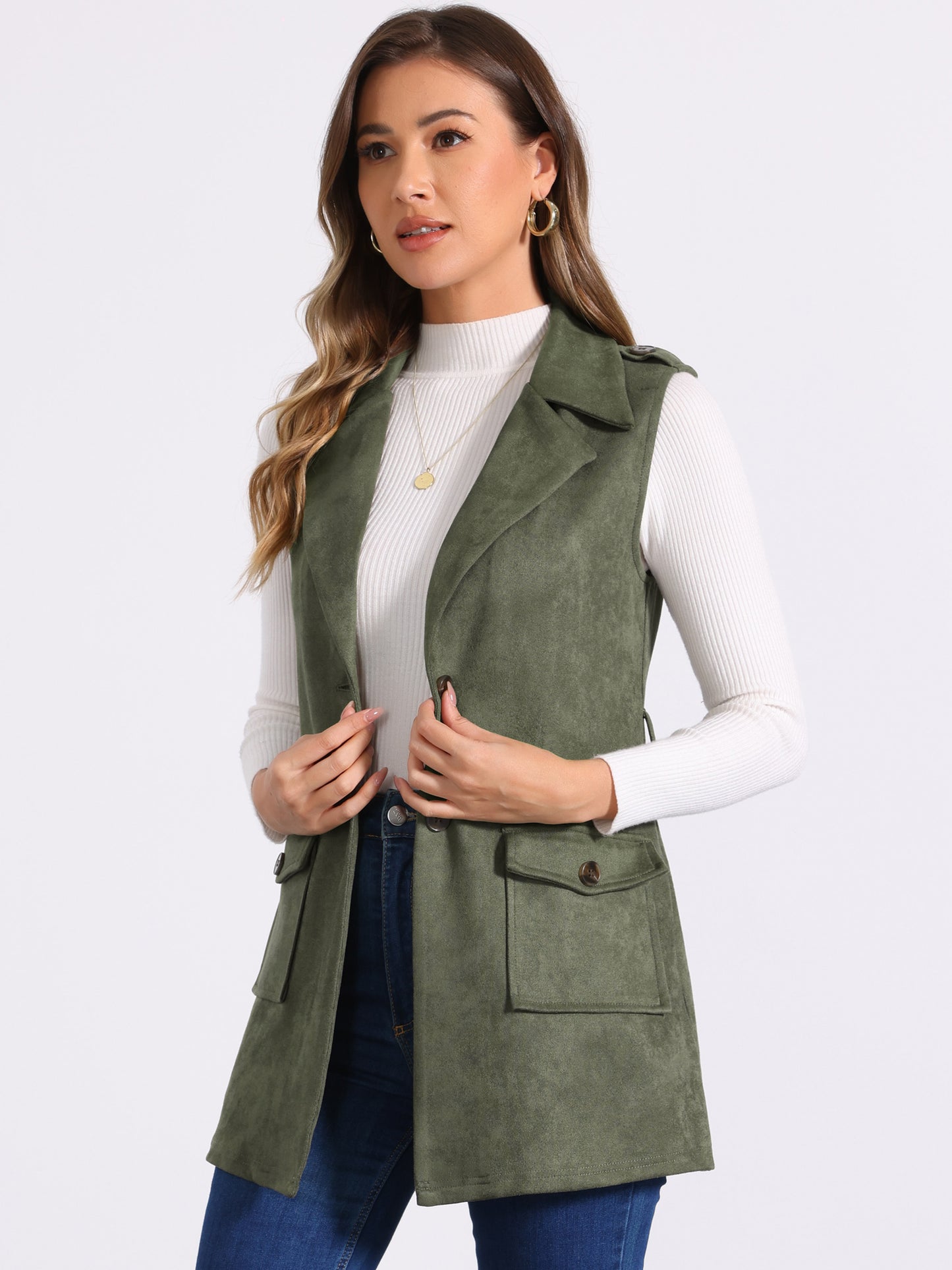 Women's Lapel Single Breasted Tie Belt Smart Casual Sleeveless Faux Suede Vest
