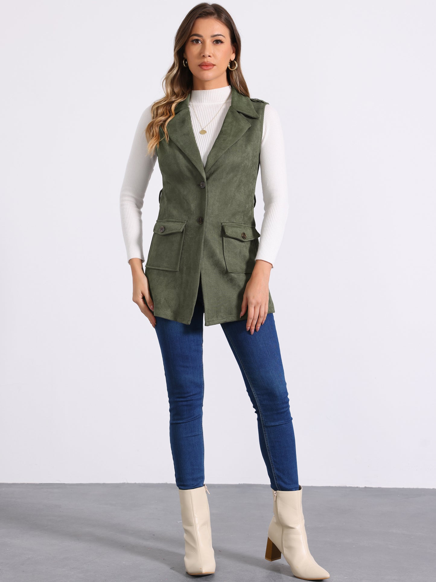 Women's Lapel Single Breasted Tie Belt Smart Casual Sleeveless Faux Suede Vest