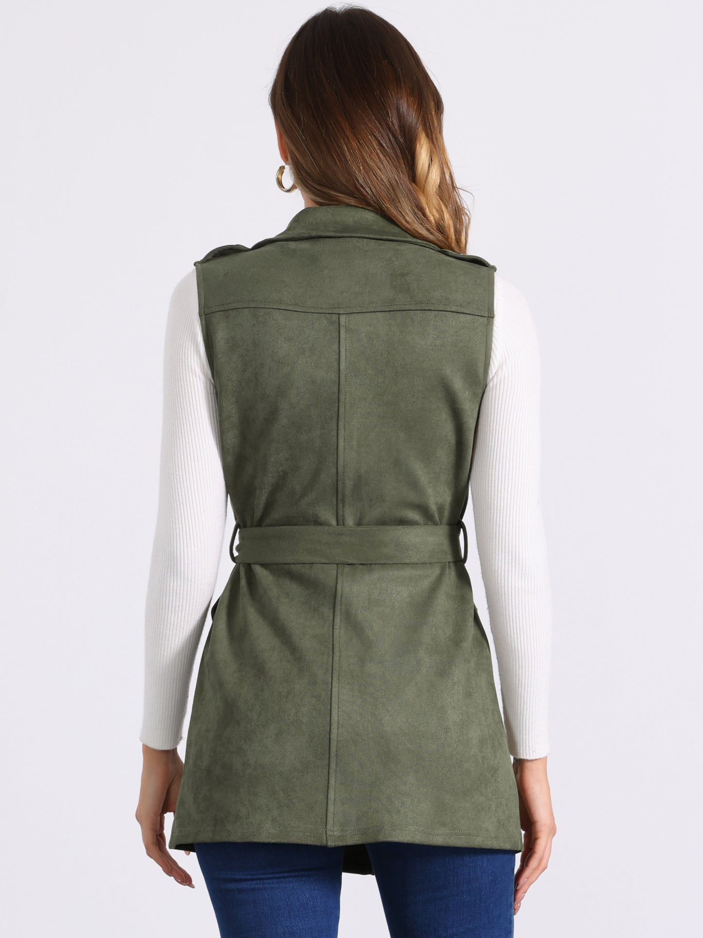 Women's Lapel Single Breasted Tie Belt Smart Casual Sleeveless Faux Suede Vest