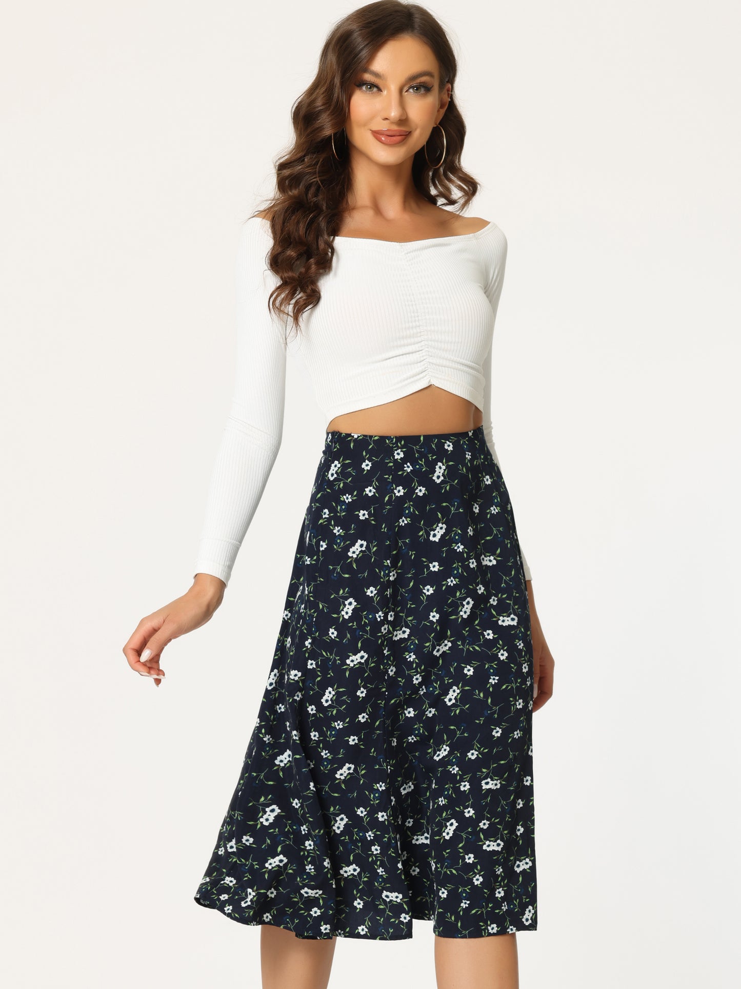 Women's Floral Midi Skirt Peasant Elastic Waist A-Line Ditsy Printed Skirts